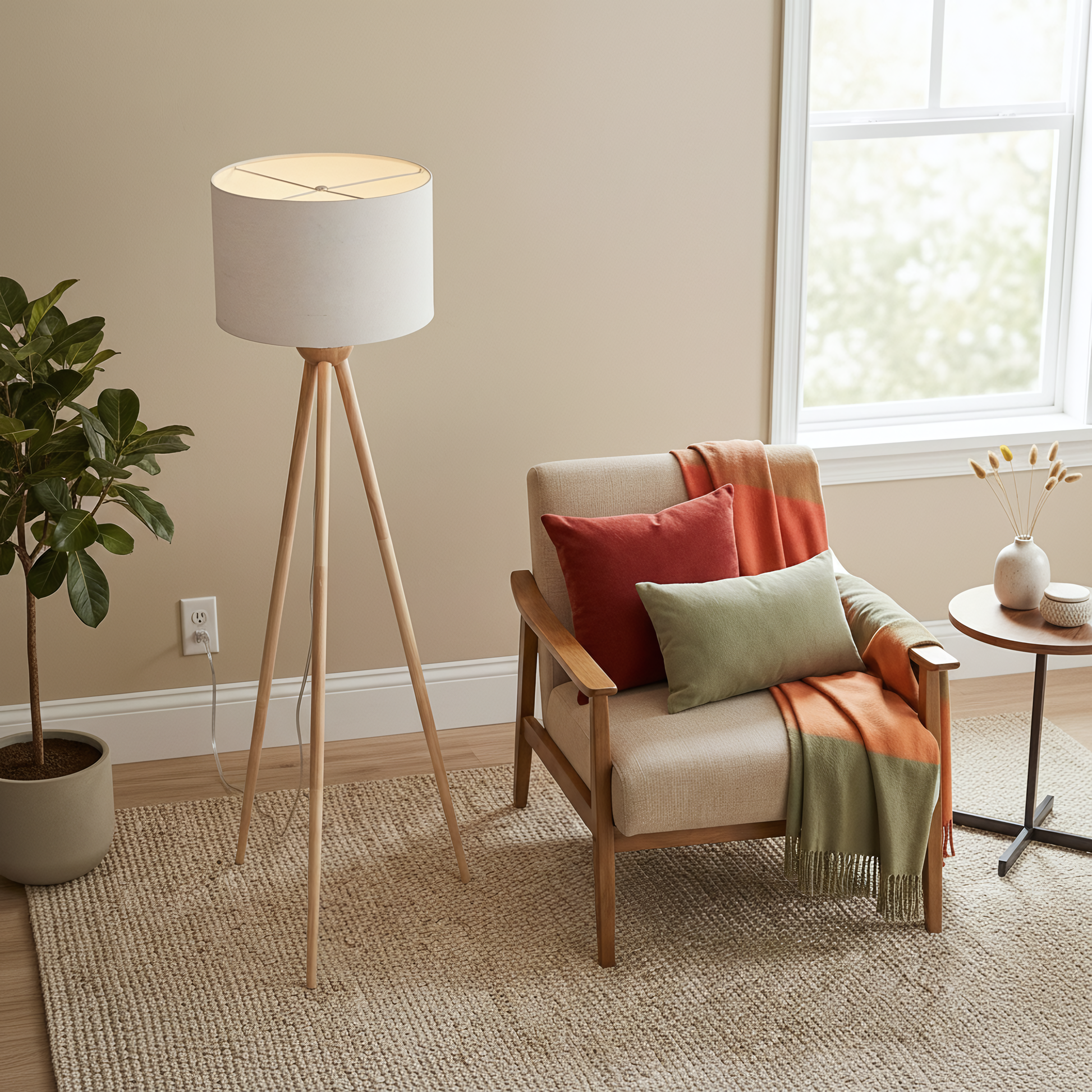 Lirios Floor Lamp | Natural Three-Legged Wood and Linen Shade