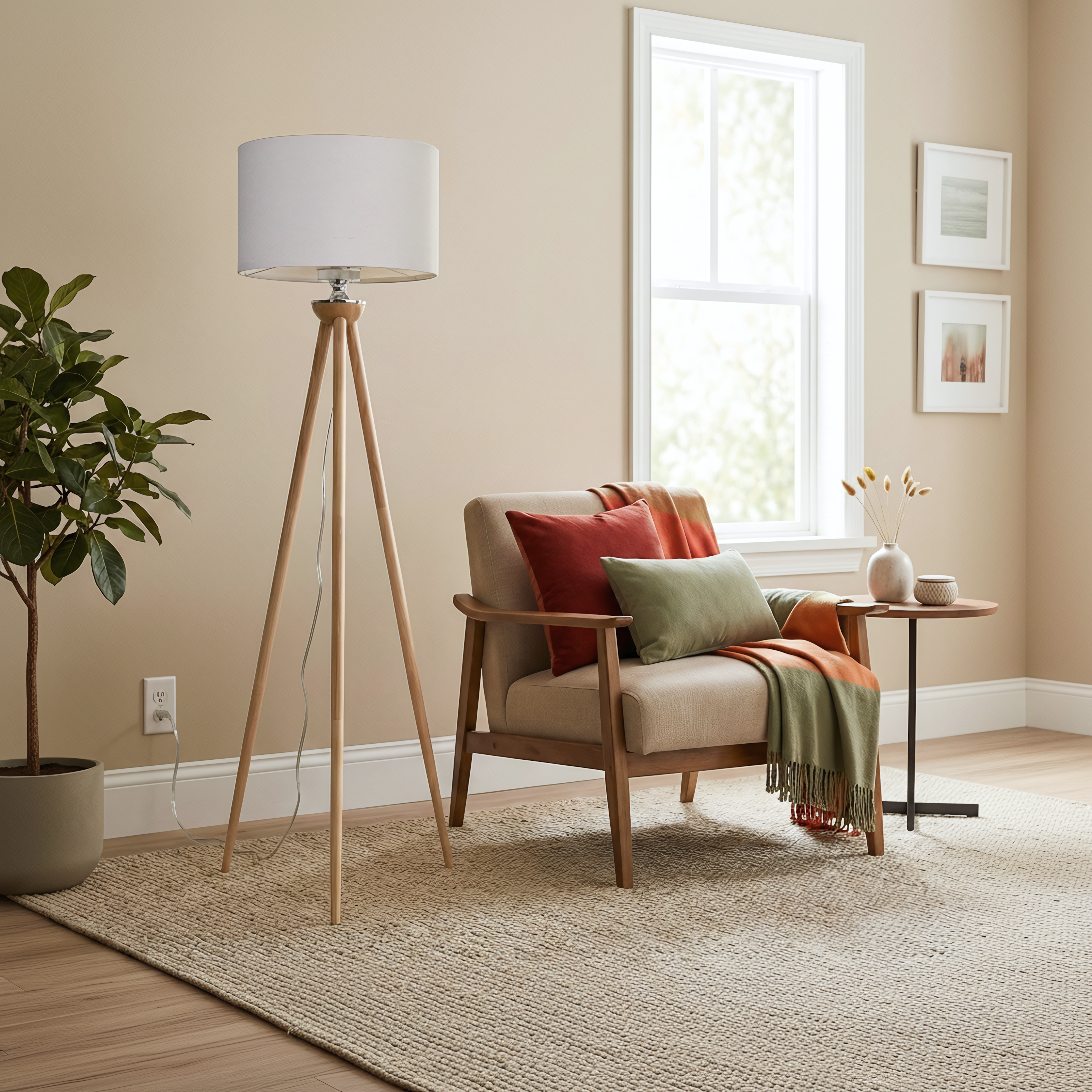 Lirios Floor Lamp | Natural Three-Legged Wood and Linen Shade