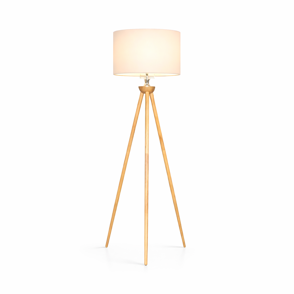 Lirios Floor Lamp | Natural Three-Legged Wood and Linen Shade