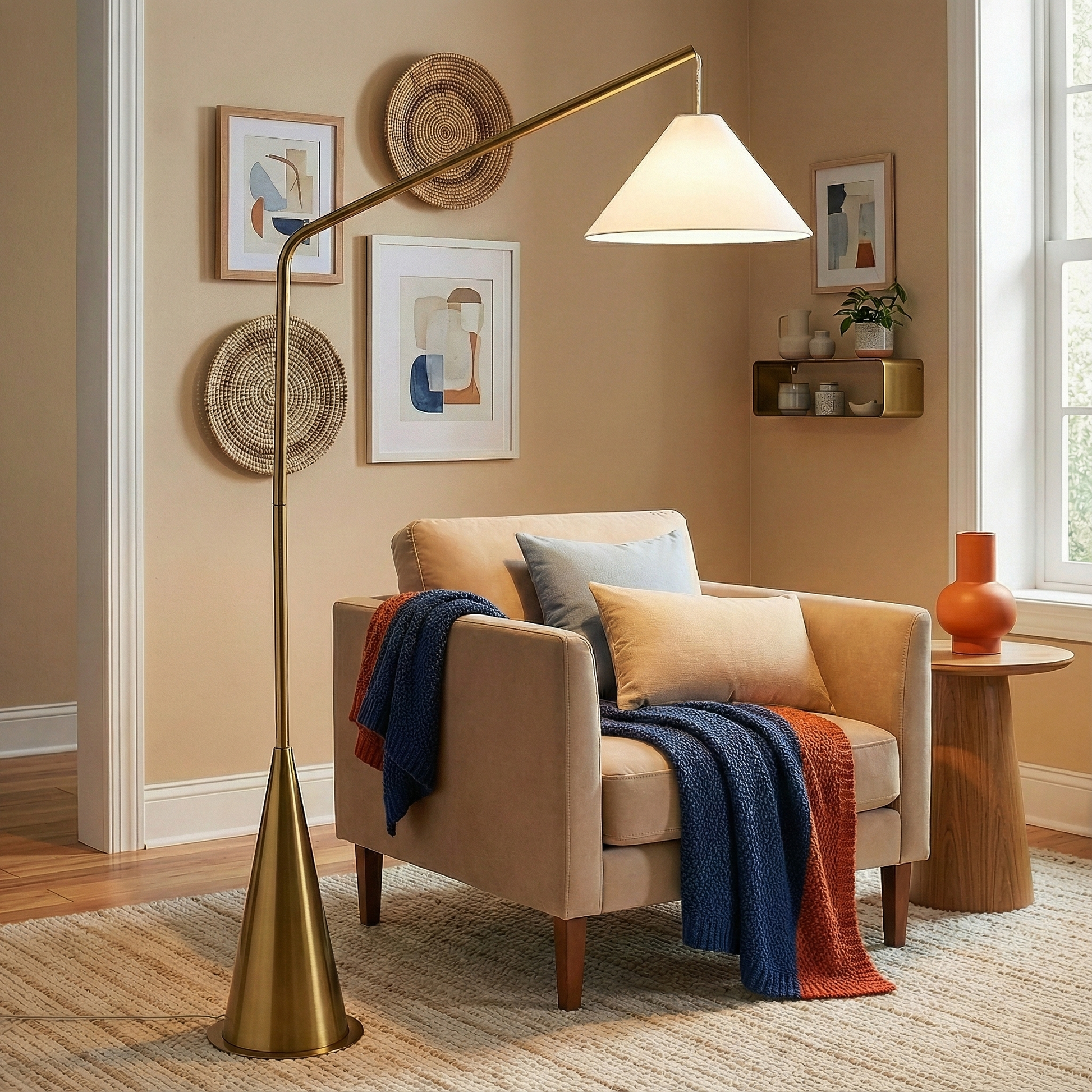 Lisbon Floor Lamp | Hanging White Shade and Coned Base