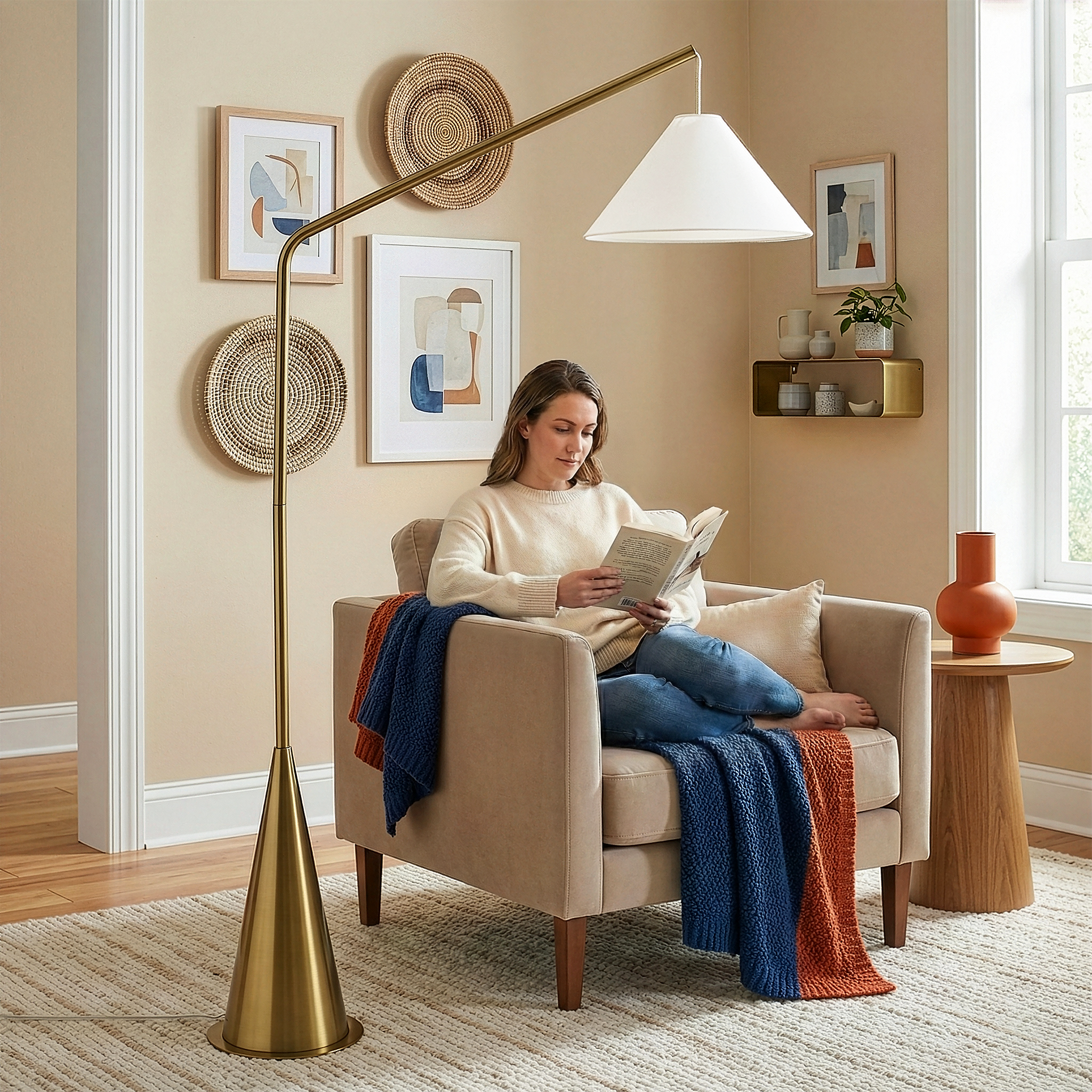 Lisbon Floor Lamp | Hanging White Shade and Coned Base