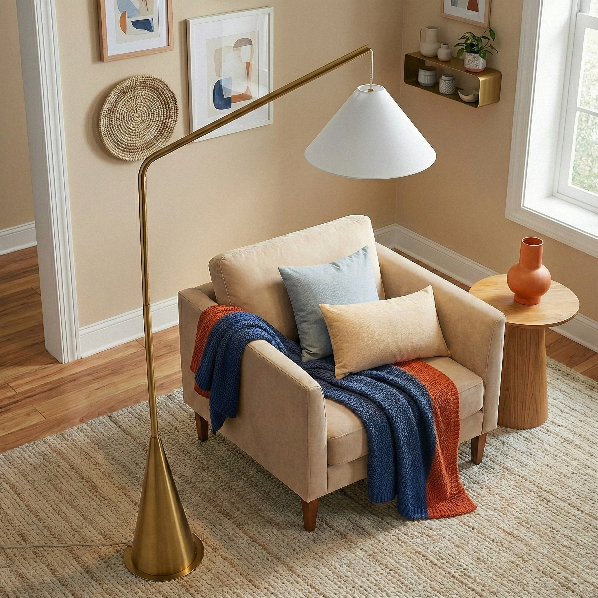 Lisbon Floor Lamp | Hanging White Shade and Coned Base