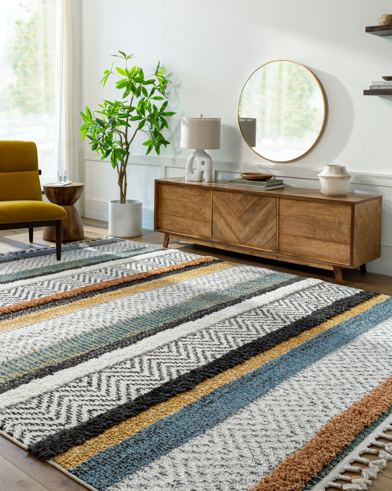 Lofty Black/Off-White Machine Woven Rug - roomscene