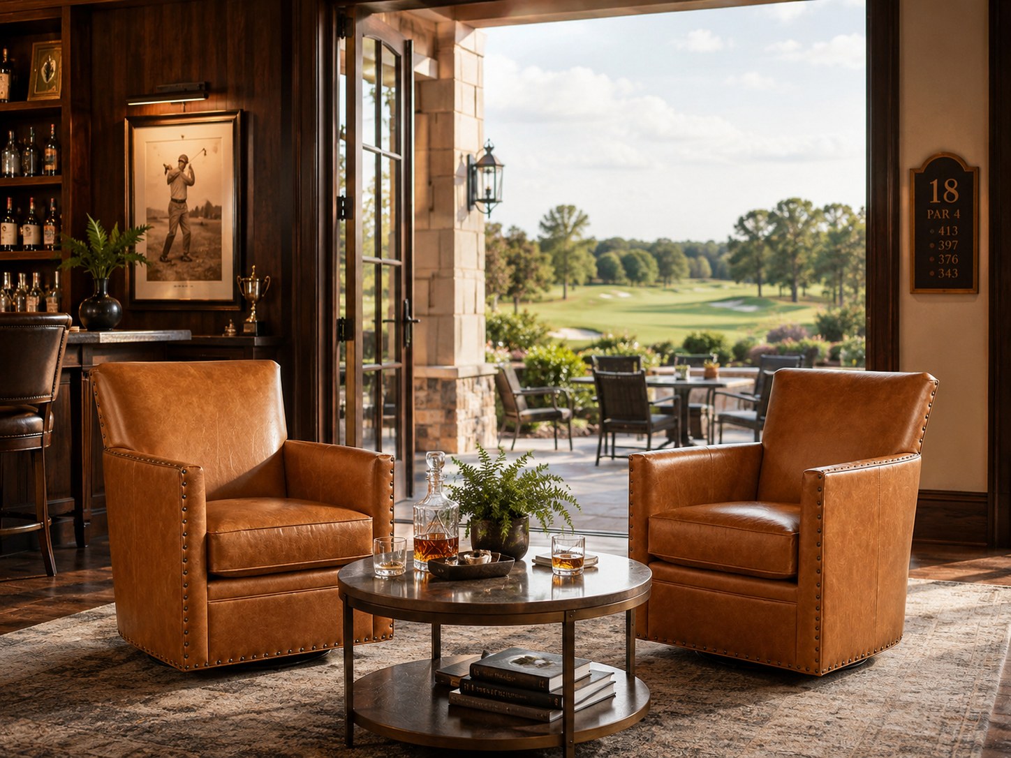 Logan Swivel Chair in Trends Coffee lifestyle image - Transitional Golf Traditional