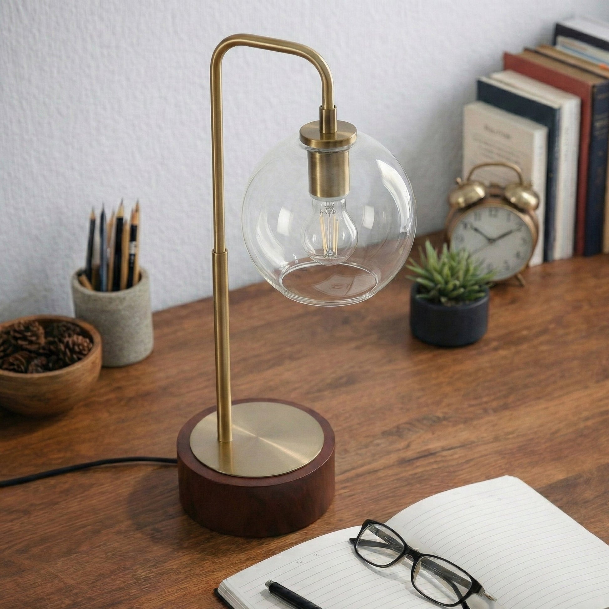 Luxeray Table Lamp | Brushed Gold Arch and Glass Globe