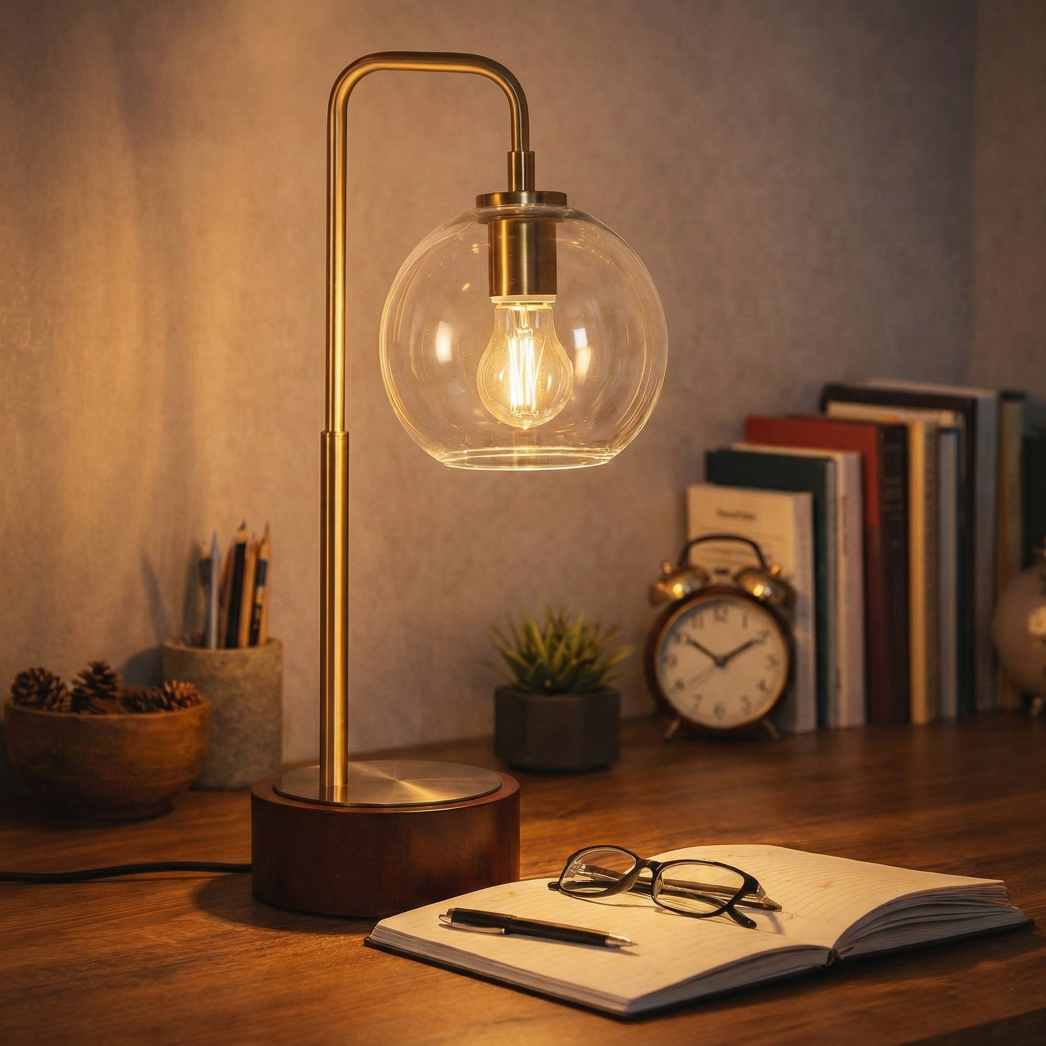 Luxeray Table Lamp | Brushed Gold Arch and Glass Globe