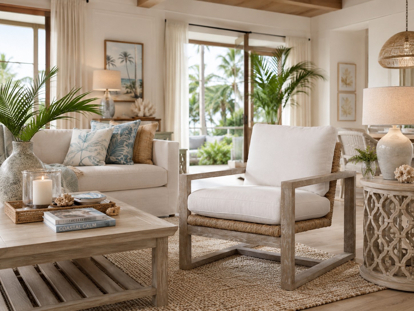 Melrose Chair in Chloe Ice (Performance Fabric) lifestyle image - Coastal Tommy Bahama