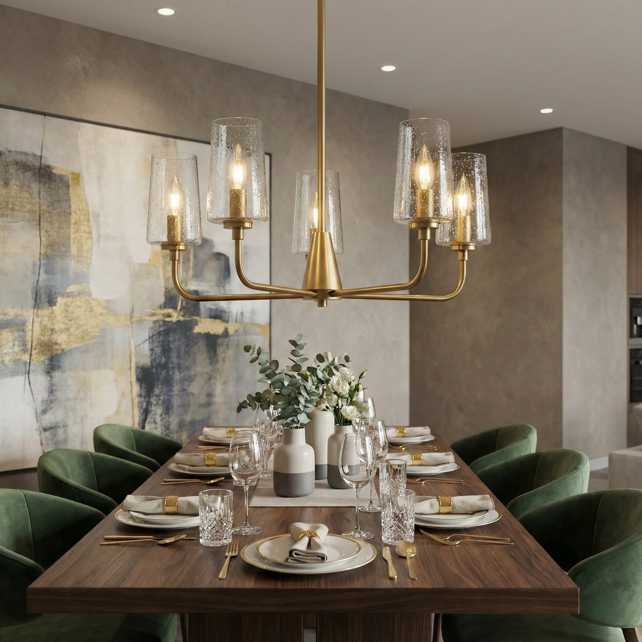 Dazzle Five Lights Chandelier | Satin Brass and Clear Seeded Glass