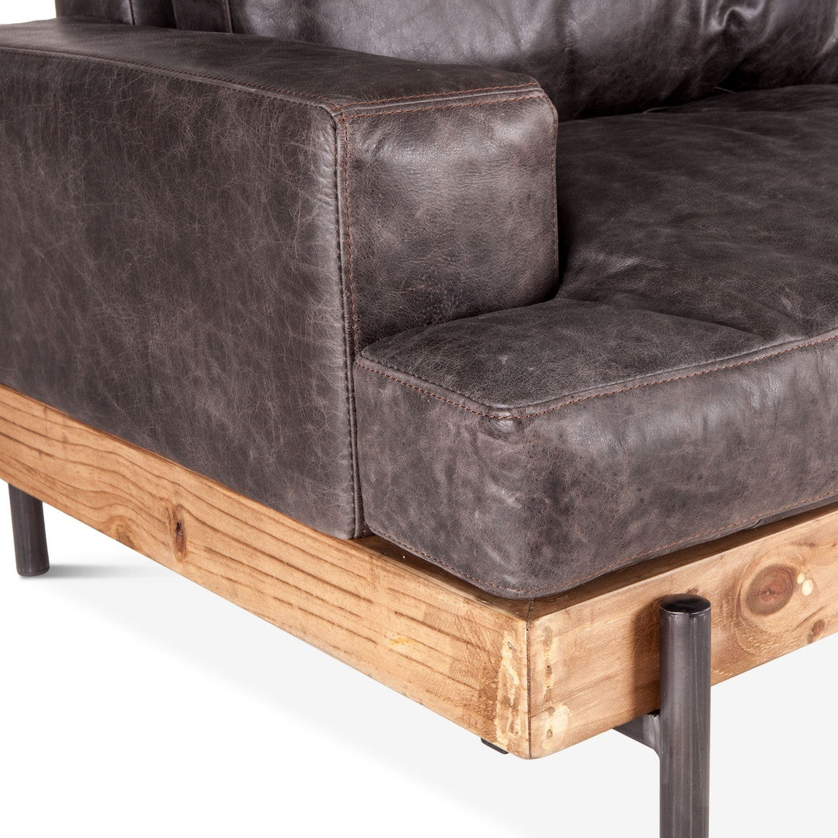 Loft Retro Industrial Black Leather Sofa 94"