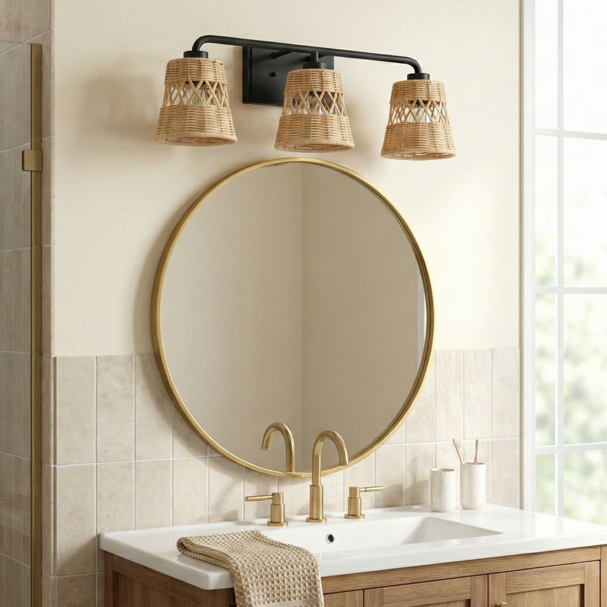 Moonlit Three Lights Wall Sconce With Rattan Shade, Bathroom Lighting Fixtures Over Mirror