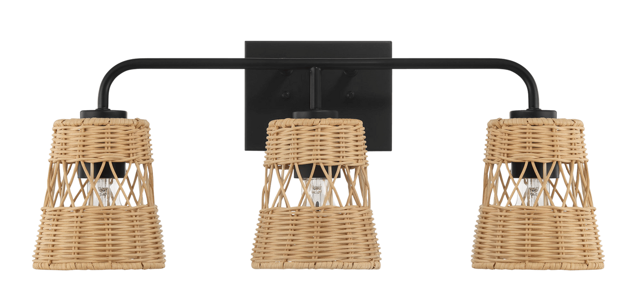 Moonlit Three Lights Wall Sconce With Rattan Shade, Bathroom Lighting Fixtures Over Mirror