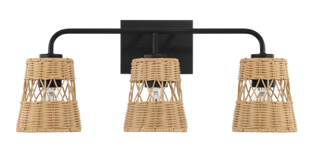 Moonlit Three Lights Wall Sconce With Rattan Shade, Bathroom Lighting Fixtures Over Mirror - 22.5"