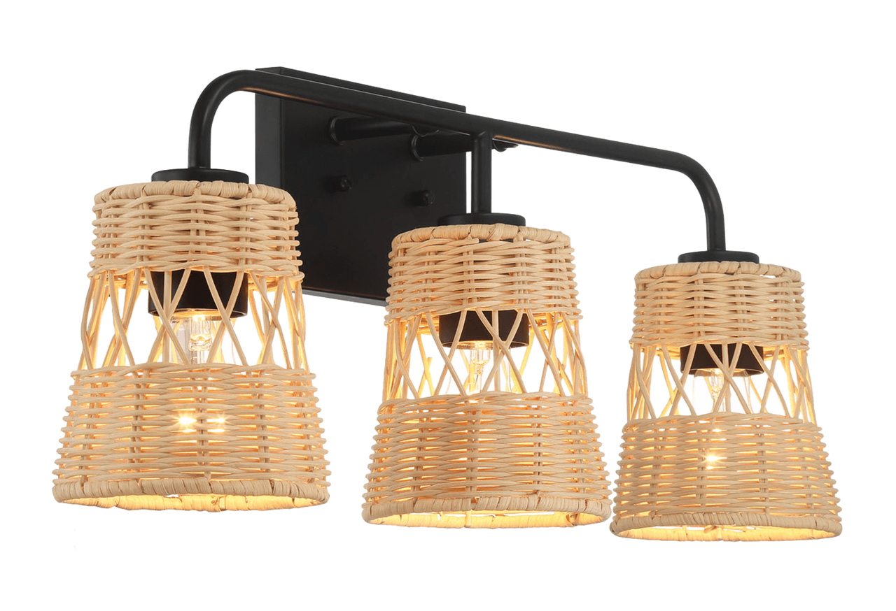 Moonlit Three Lights Wall Sconce With Rattan Shade, Bathroom Lighting Fixtures Over Mirror