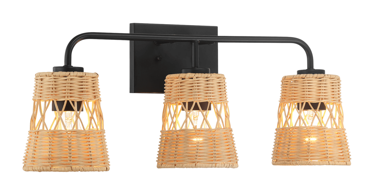 Moonlit Three Lights Wall Sconce With Rattan Shade, Bathroom Lighting Fixtures Over Mirror