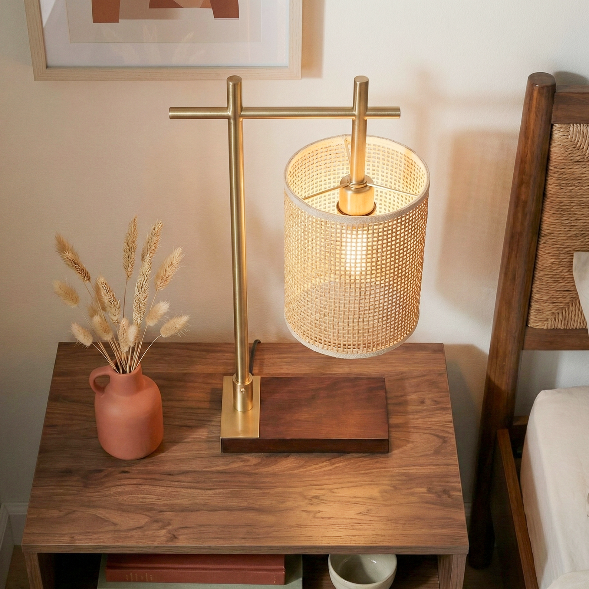 Moonstone Table Lamp | Dark Brown Bamboo and Bronze Base