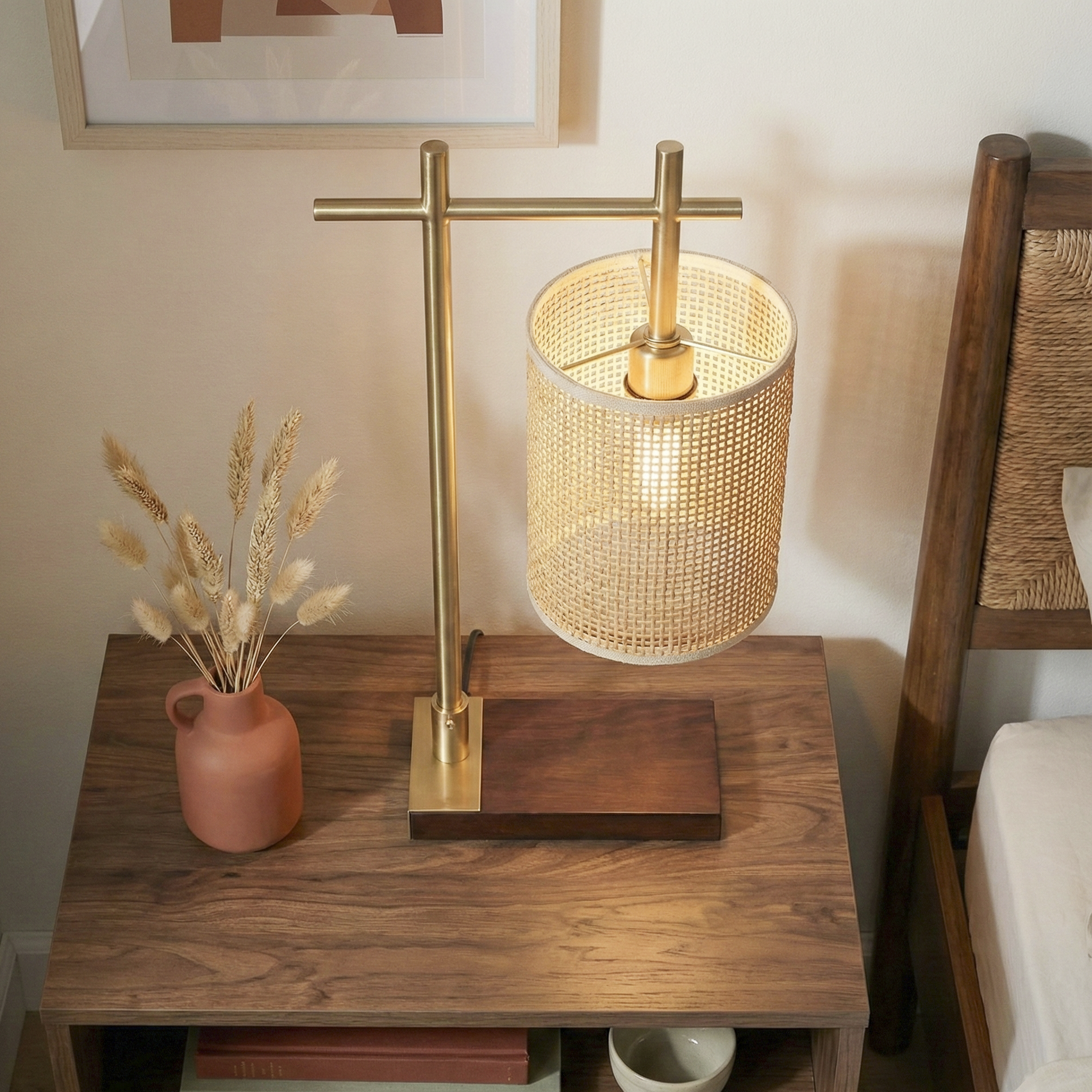 Moonstone Table Lamp | Dark Brown Bamboo and Bronze Base