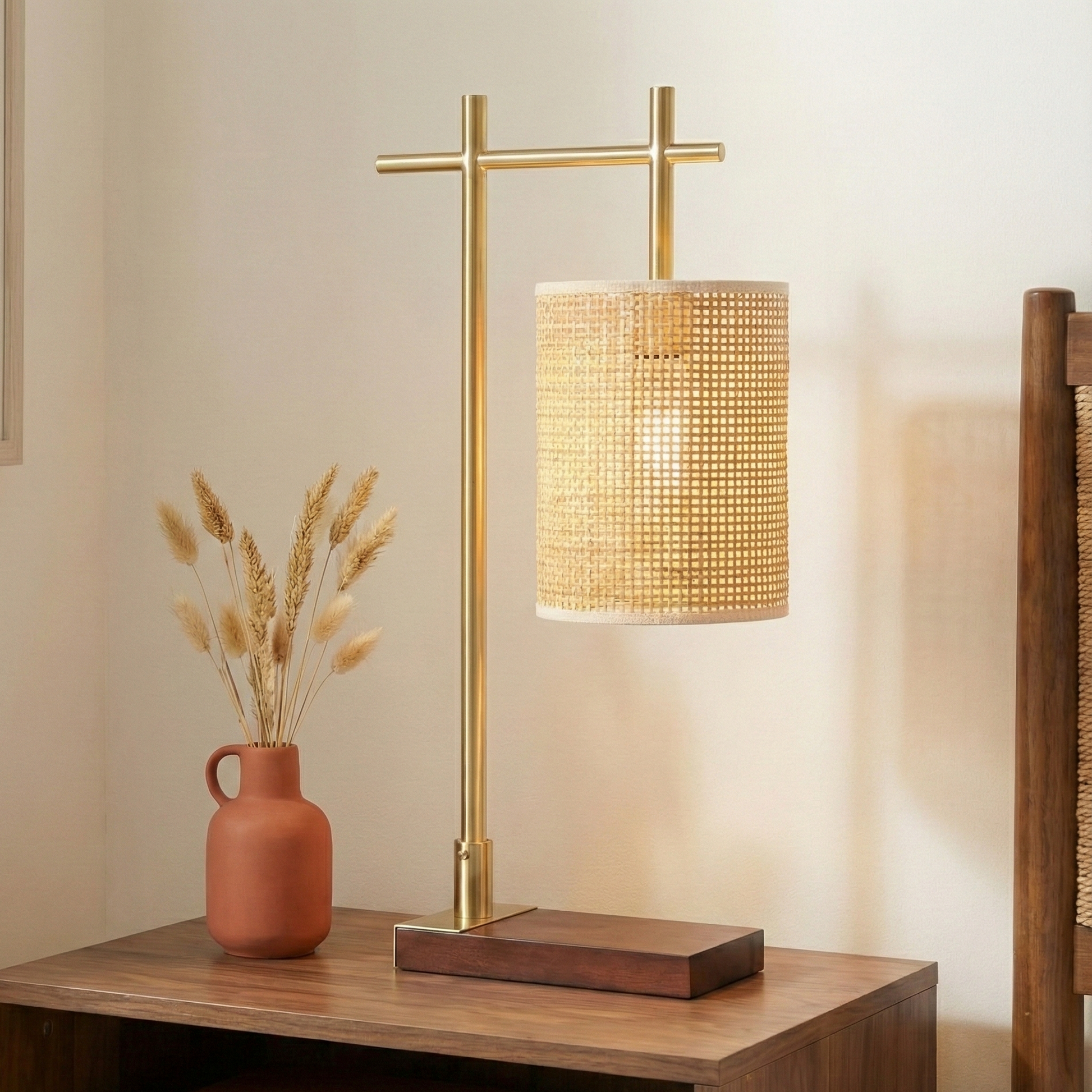 Moonstone Table Lamp | Dark Brown Bamboo and Bronze Base