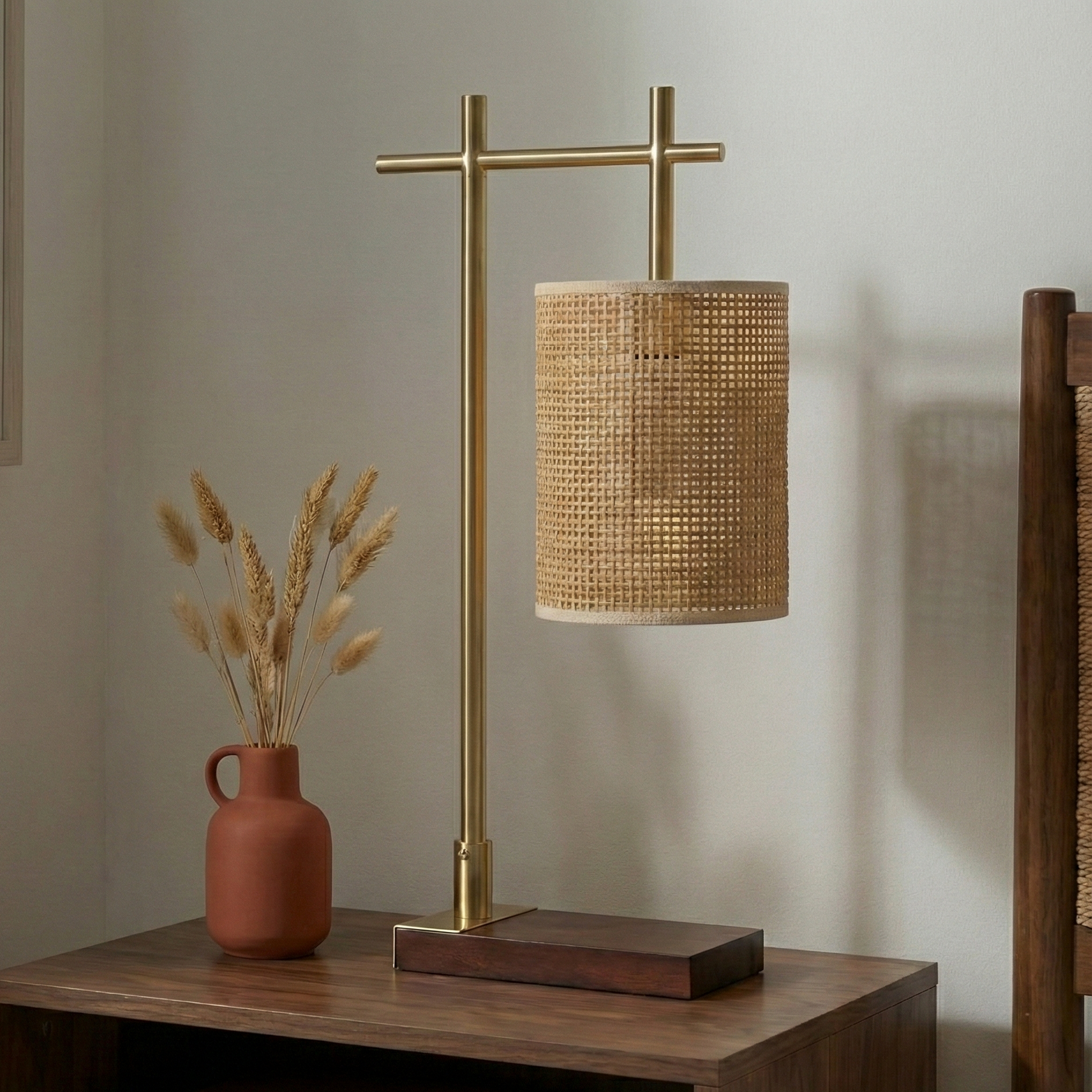 Moonstone Table Lamp | Dark Brown Bamboo and Bronze Base
