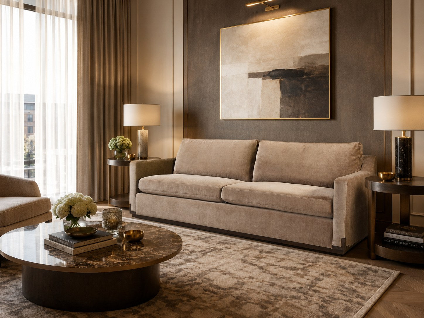 Nall Sofa in Andrew Driftwood (Performance Fabric) lifestyle image - Transitional Traditional Hotel