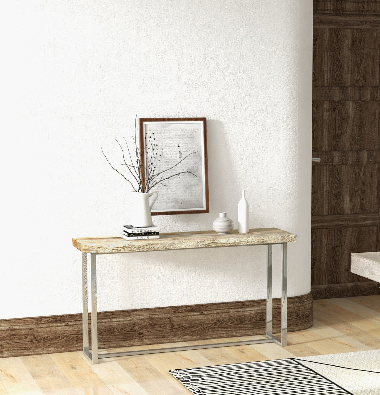 Relique - Raw Console - Polished Stainless Steel Frame - Natural Light Top