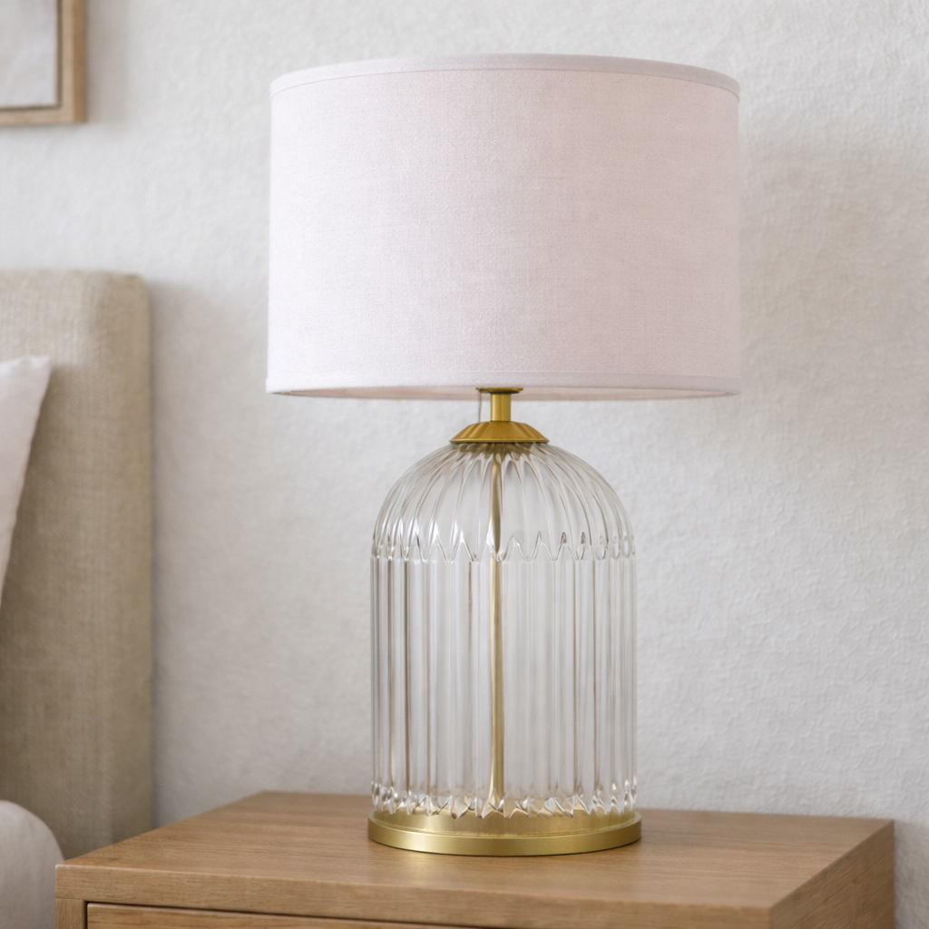 Nebulis Table Lamp | Gold Accents and Pink Pleated Shade