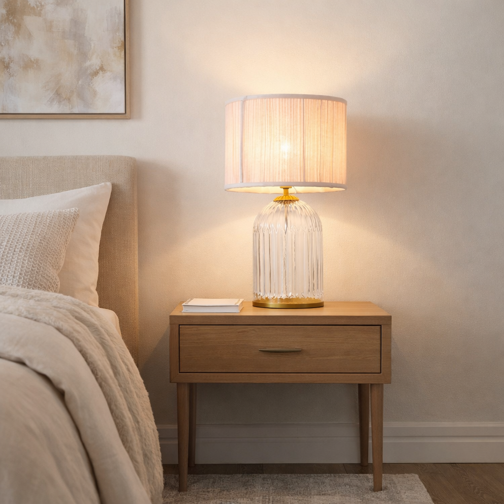 Nebulis Table Lamp | Gold Accents and Pink Pleated Shade