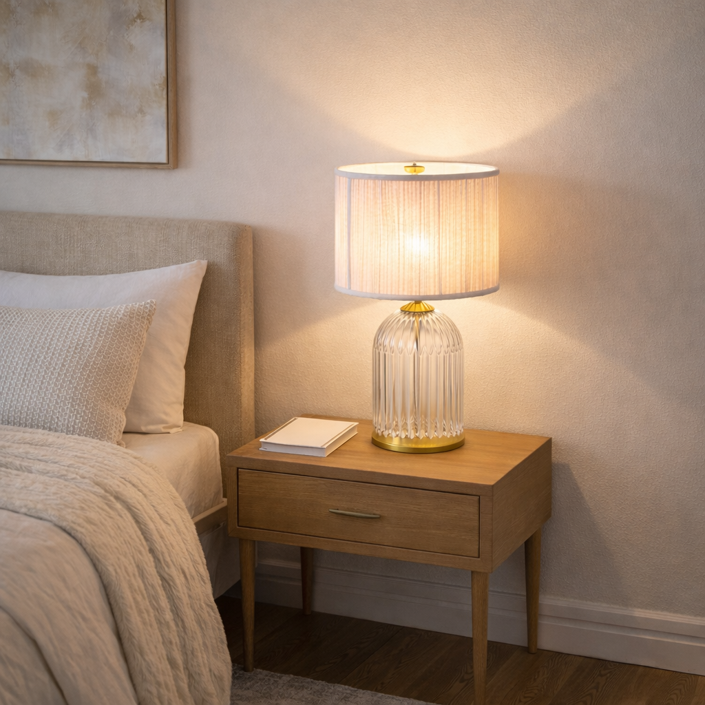 Nebulis Table Lamp | Gold Accents and Pink Pleated Shade