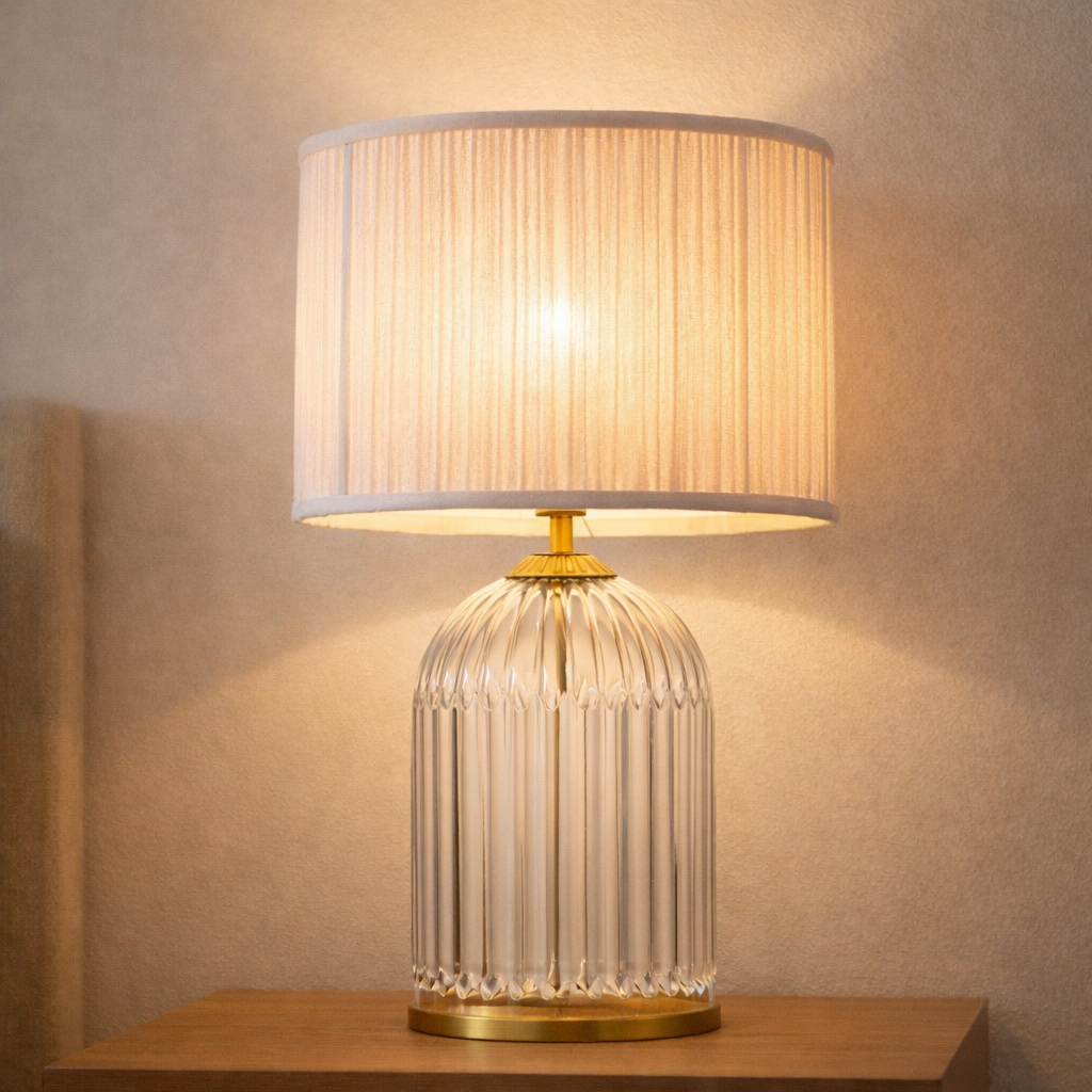 Nebulis Table Lamp | Gold Accents and Pink Pleated Shade