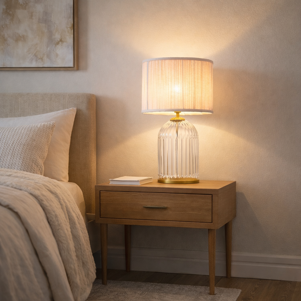 Nebulis Table Lamp | Gold Accents and Pink Pleated Shade