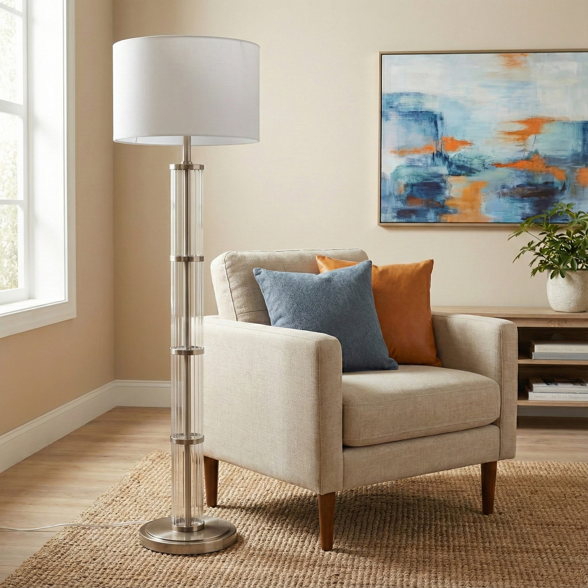 Nimbus Floor Lamp | Brushed Nickel and Clear Glass Body