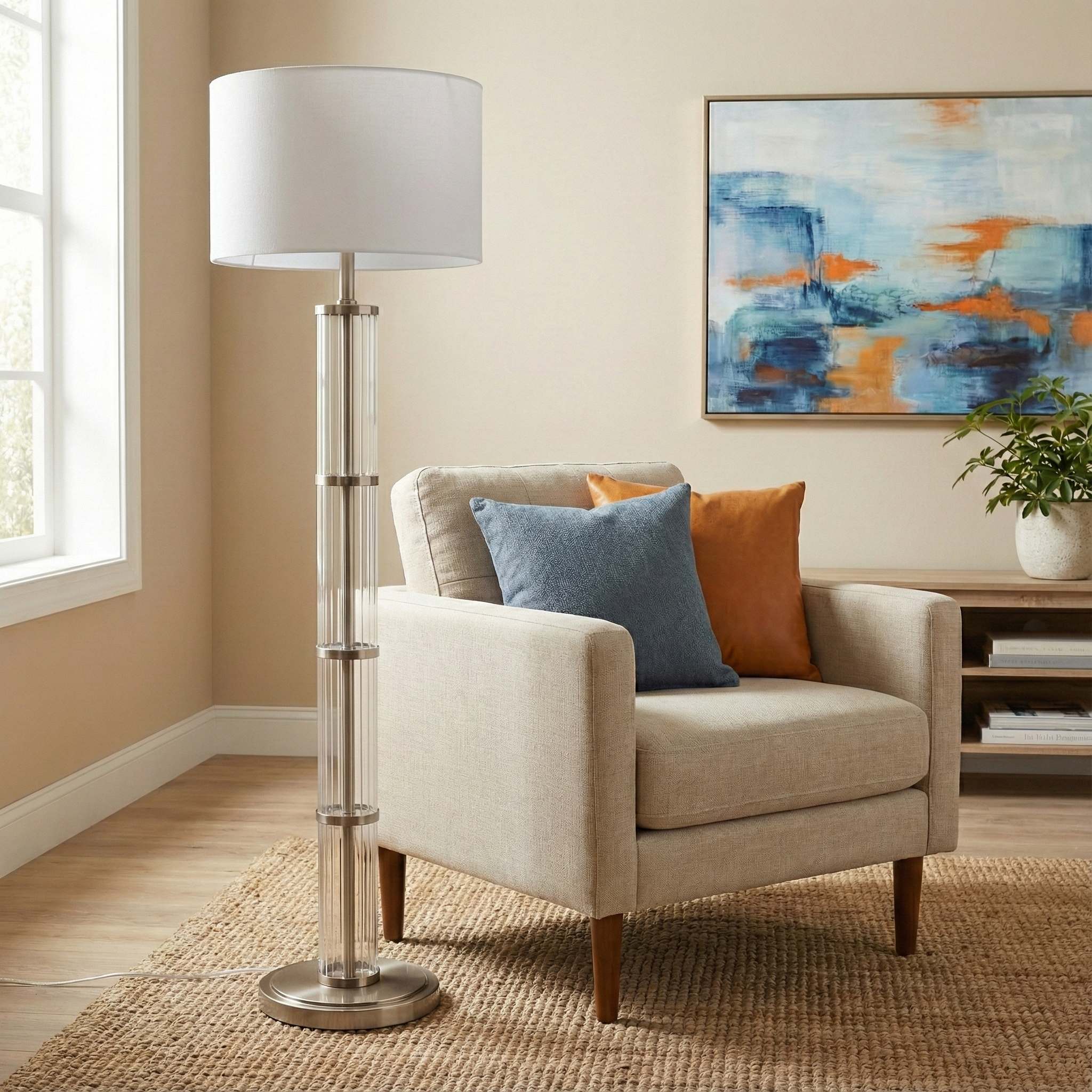 Nimbus Floor Lamp | Brushed Nickel and Clear Glass Body