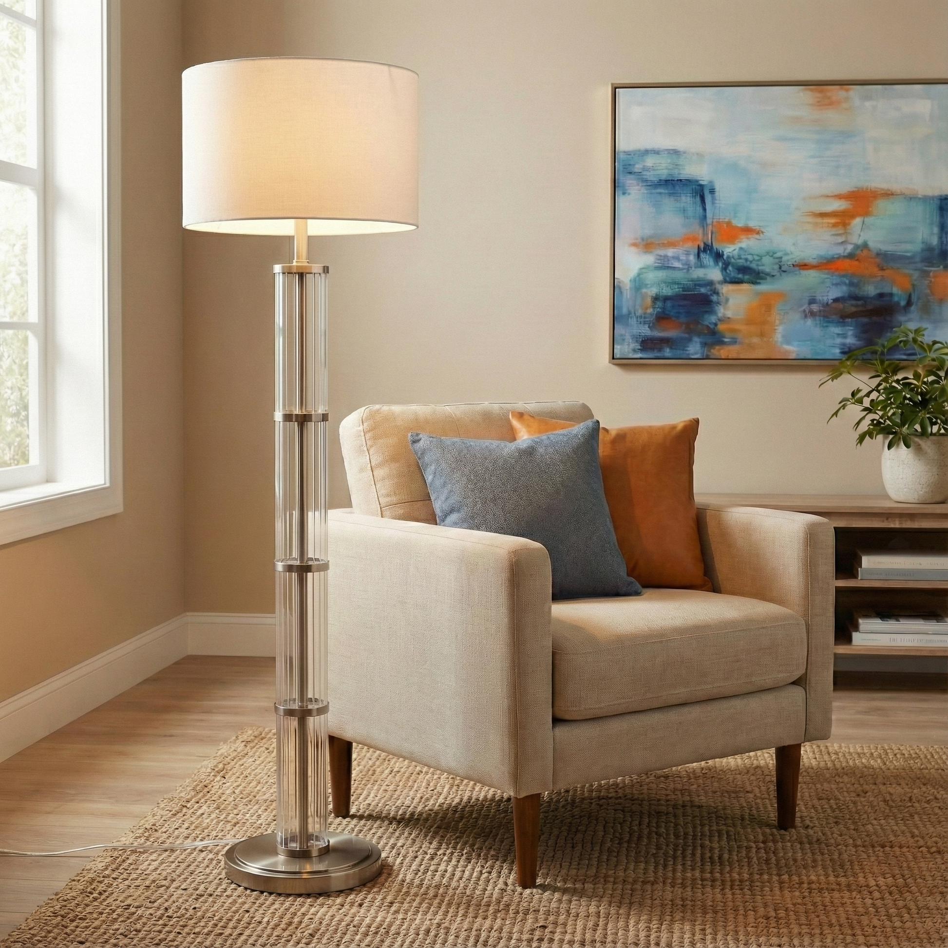 Nimbus Floor Lamp | Brushed Nickel and Clear Glass Body