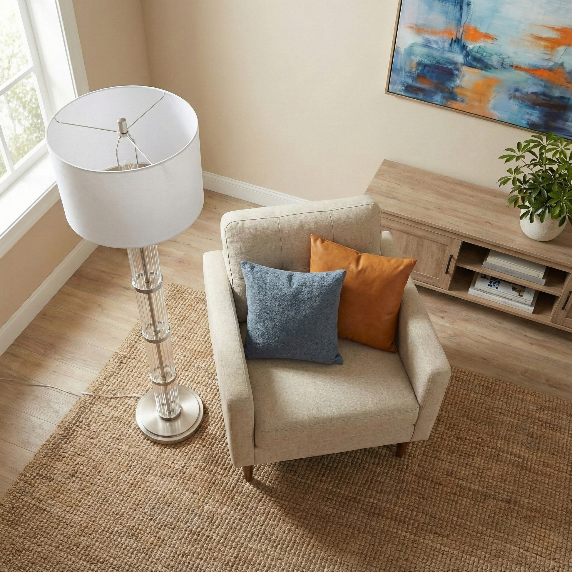 Nimbus Floor Lamp | Brushed Nickel and Clear Glass Body