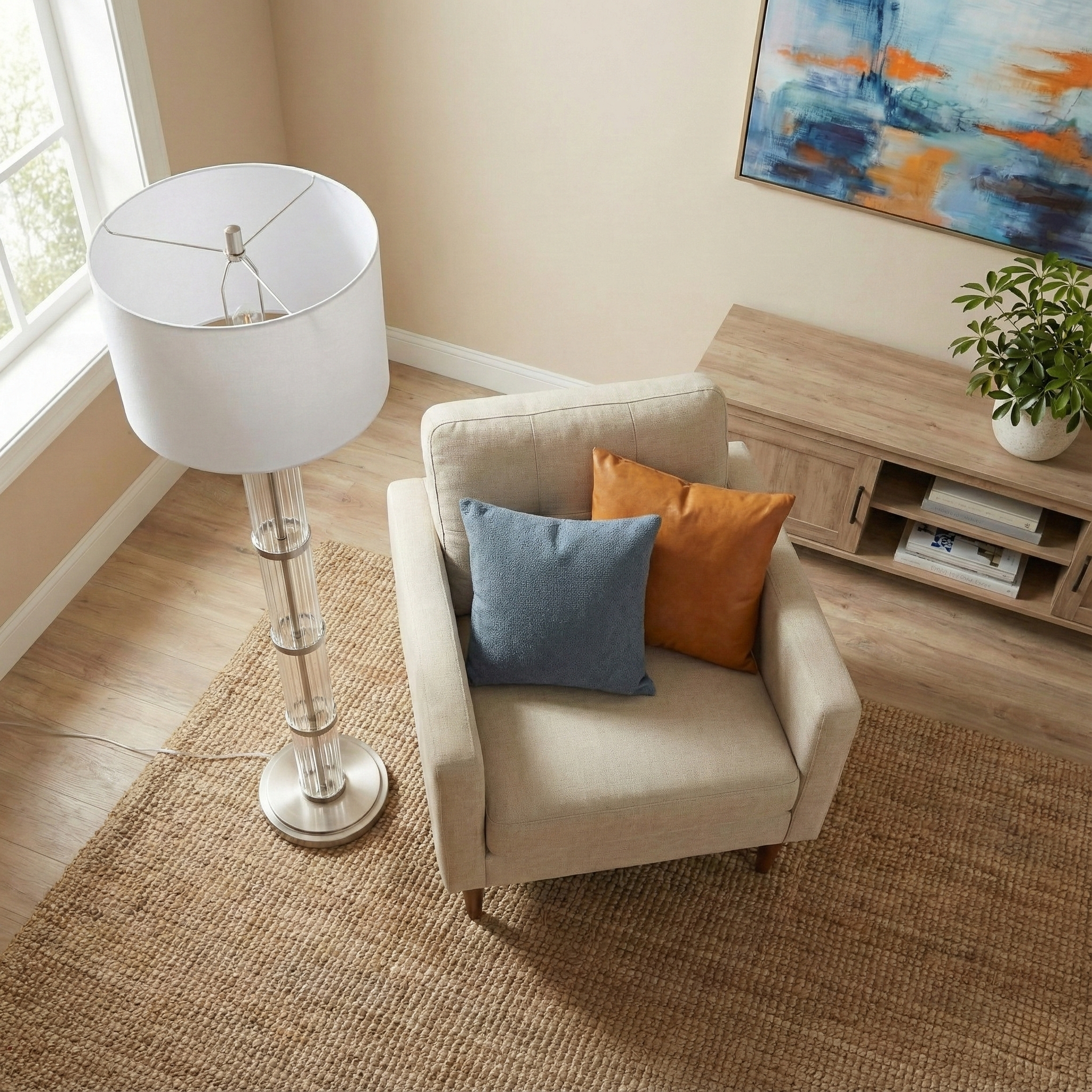 Nimbus Floor Lamp | Brushed Nickel and Clear Glass Body