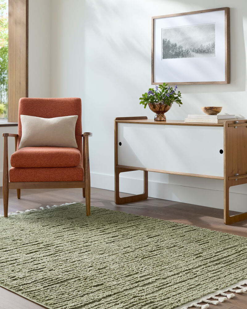 Nora Dusty Sage/Olive Machine Woven Rug - roomscene