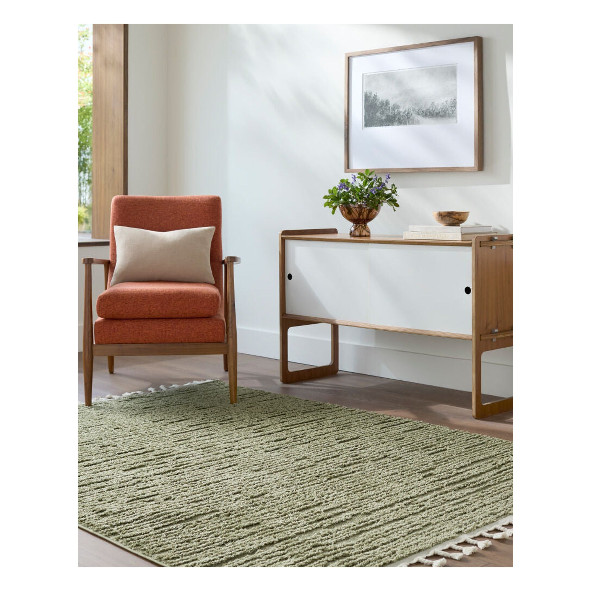 Nora Dusty Sage/Olive Machine Woven Rug - roomscene
