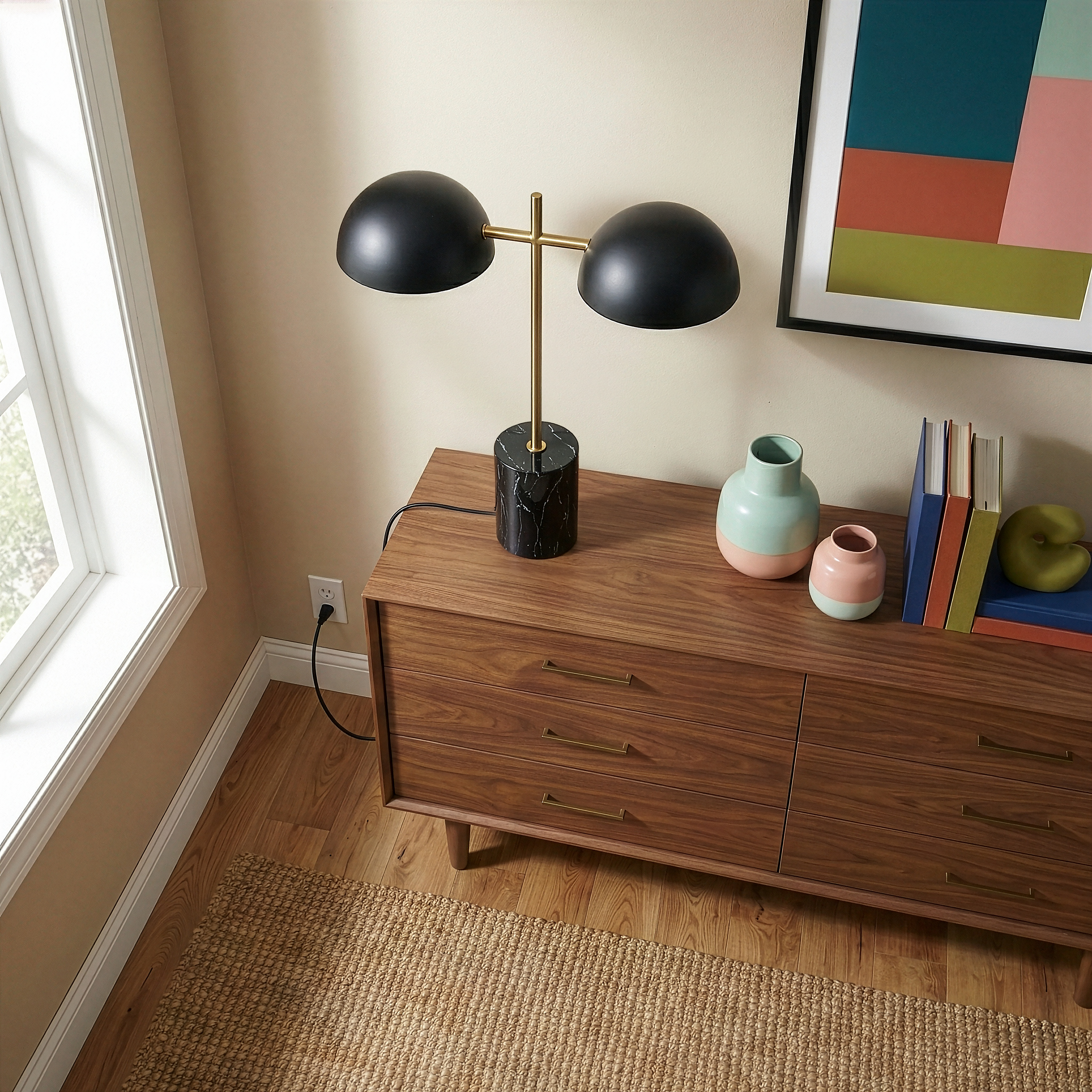 Nova Hydro Black Table Lamp | Double Lamp and Faux Marble Base