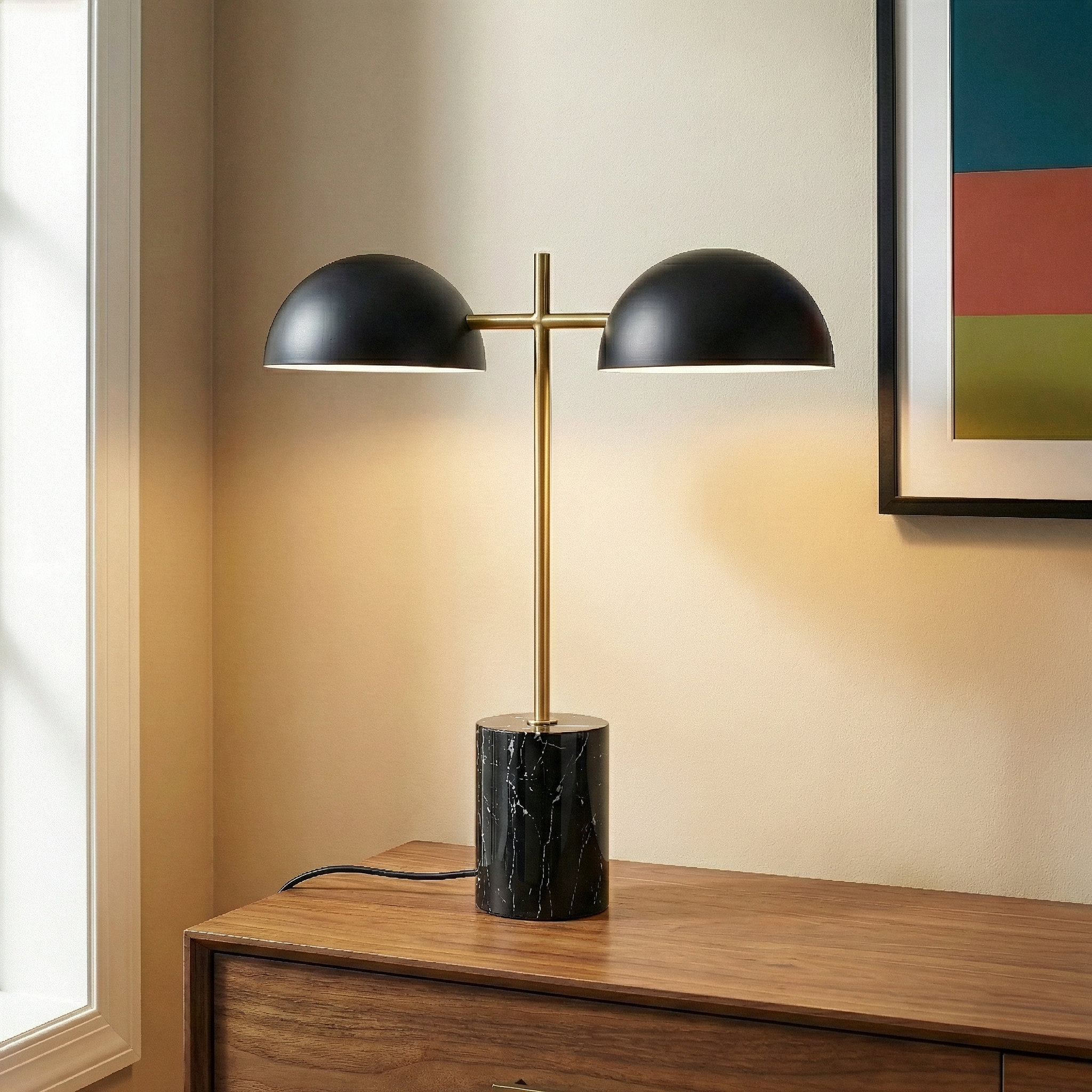 Nova Hydro Black Table Lamp | Double Lamp and Faux Marble Base