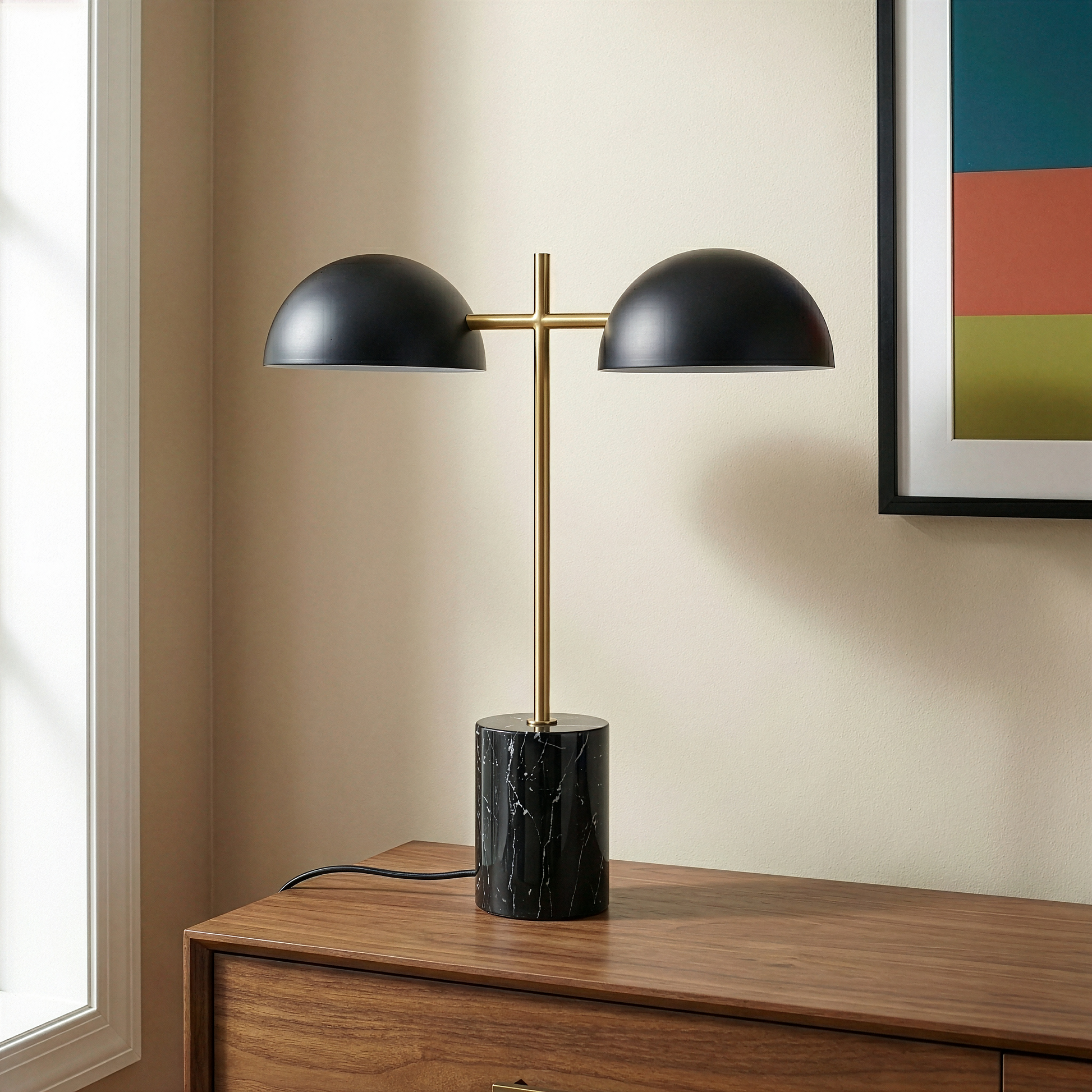 Nova Hydro Black Table Lamp | Double Lamp and Faux Marble Base