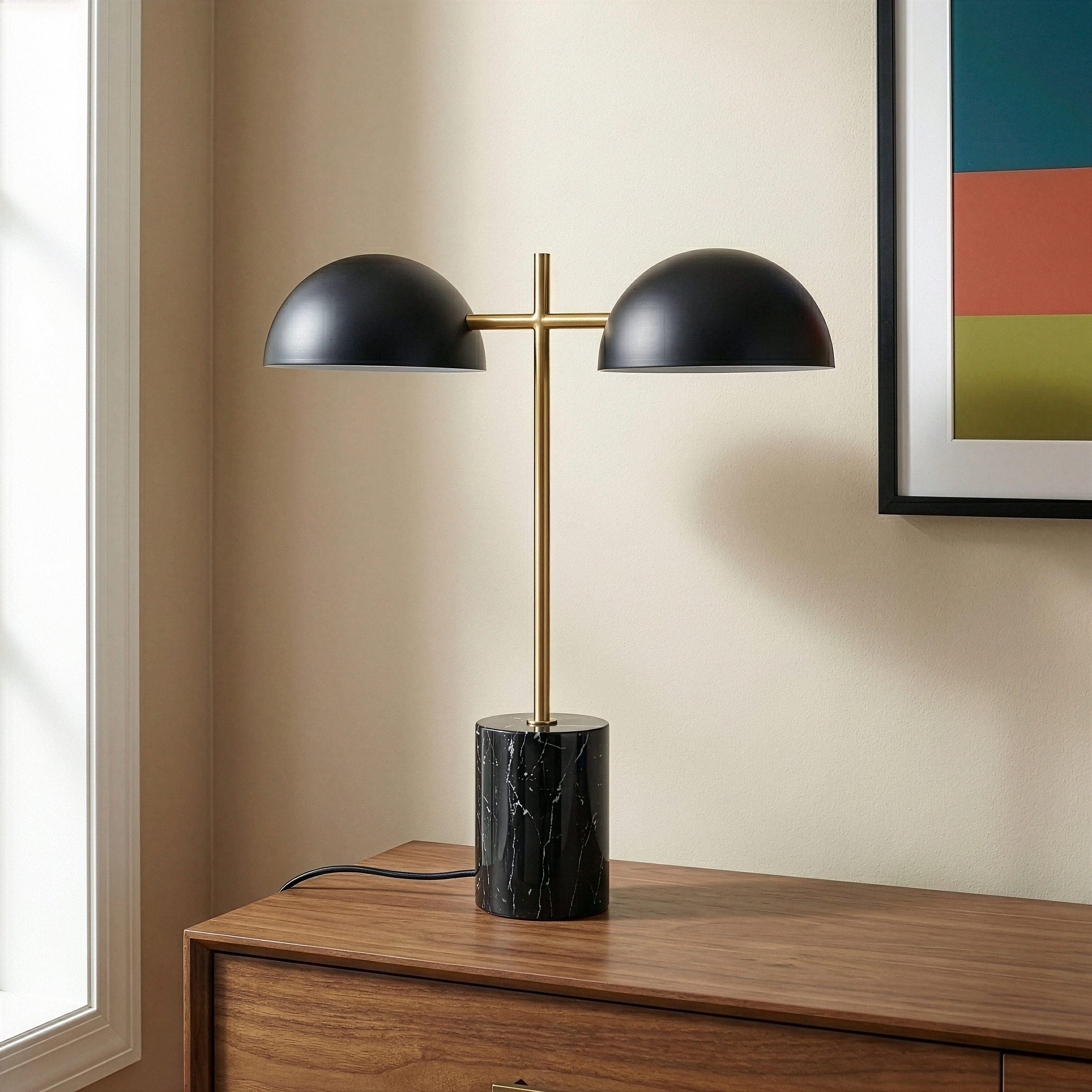 Nova Hydro Black Table Lamp | Double Lamp and Faux Marble Base