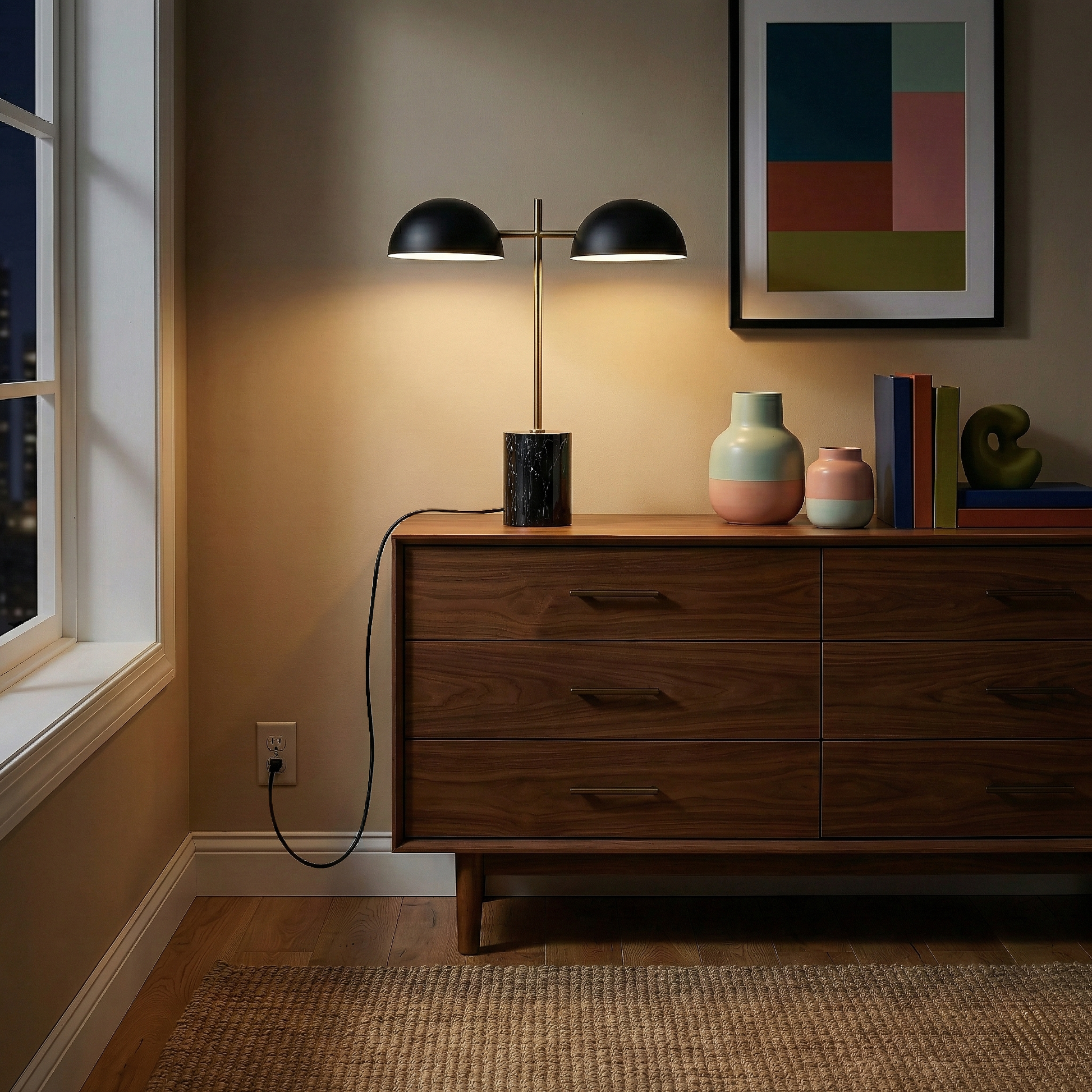 Nova Hydro Black Table Lamp | Double Lamp and Faux Marble Base