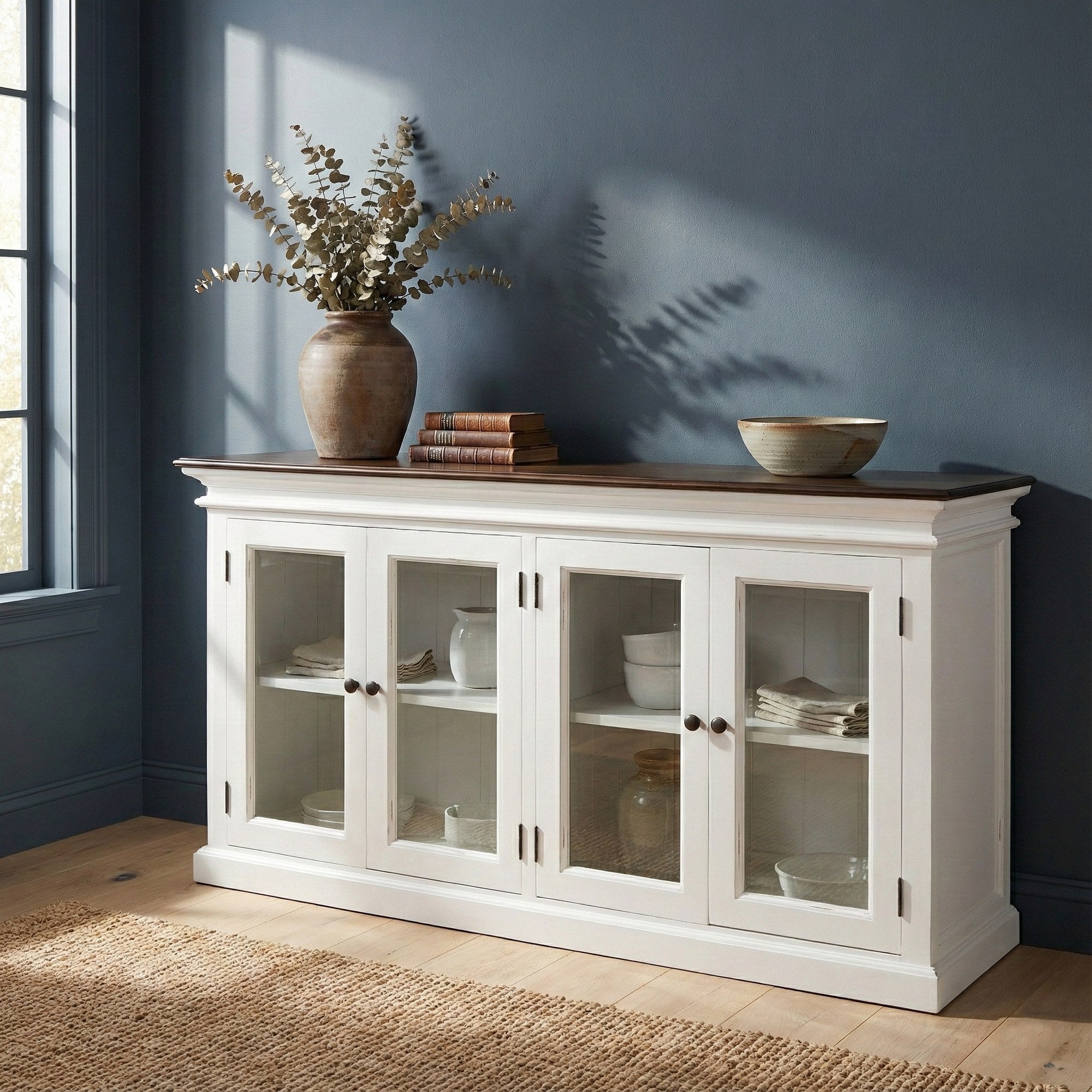 Nova Solo lifestyle image - Modern Farmhouse Display Buffet with 4 Glass Doors 64" - ZNS-B184TWD