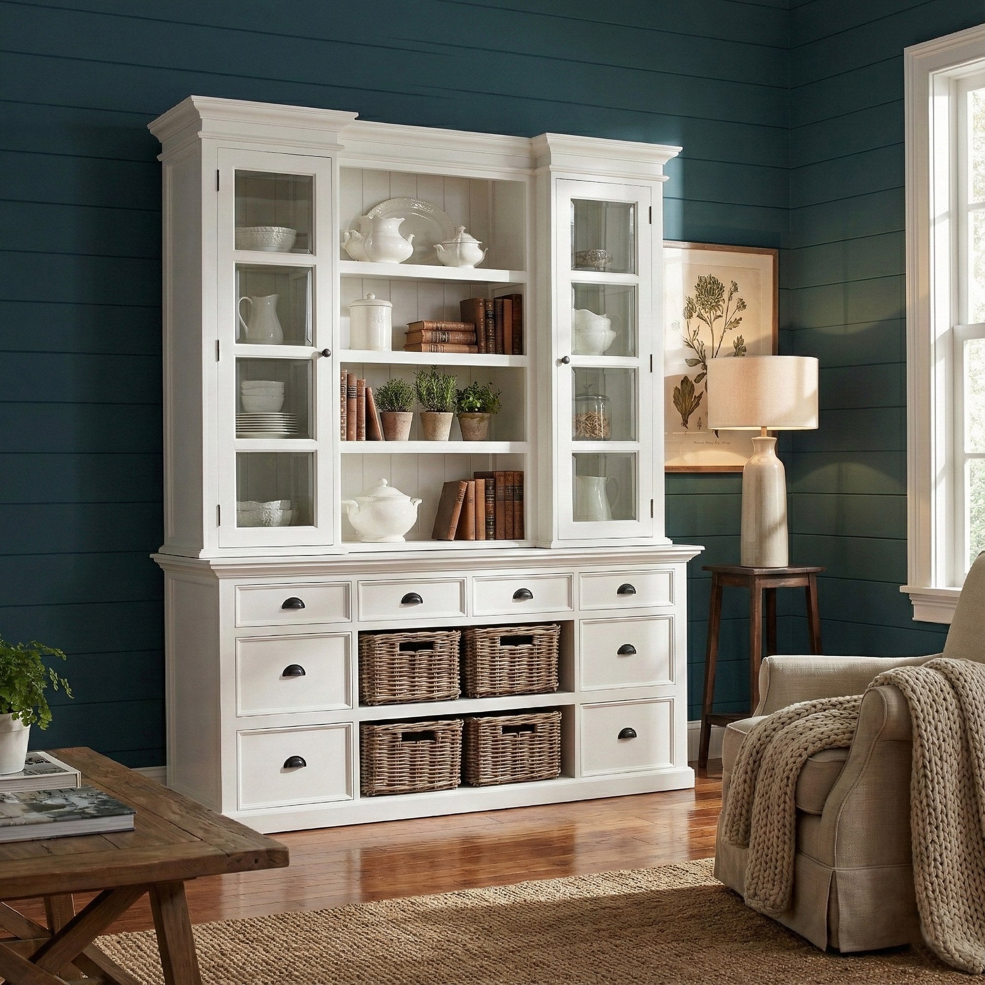 Nova Solo lifestyle image - French Coastal Library Hutch with Basket Set 71" - ZNS-BCA600