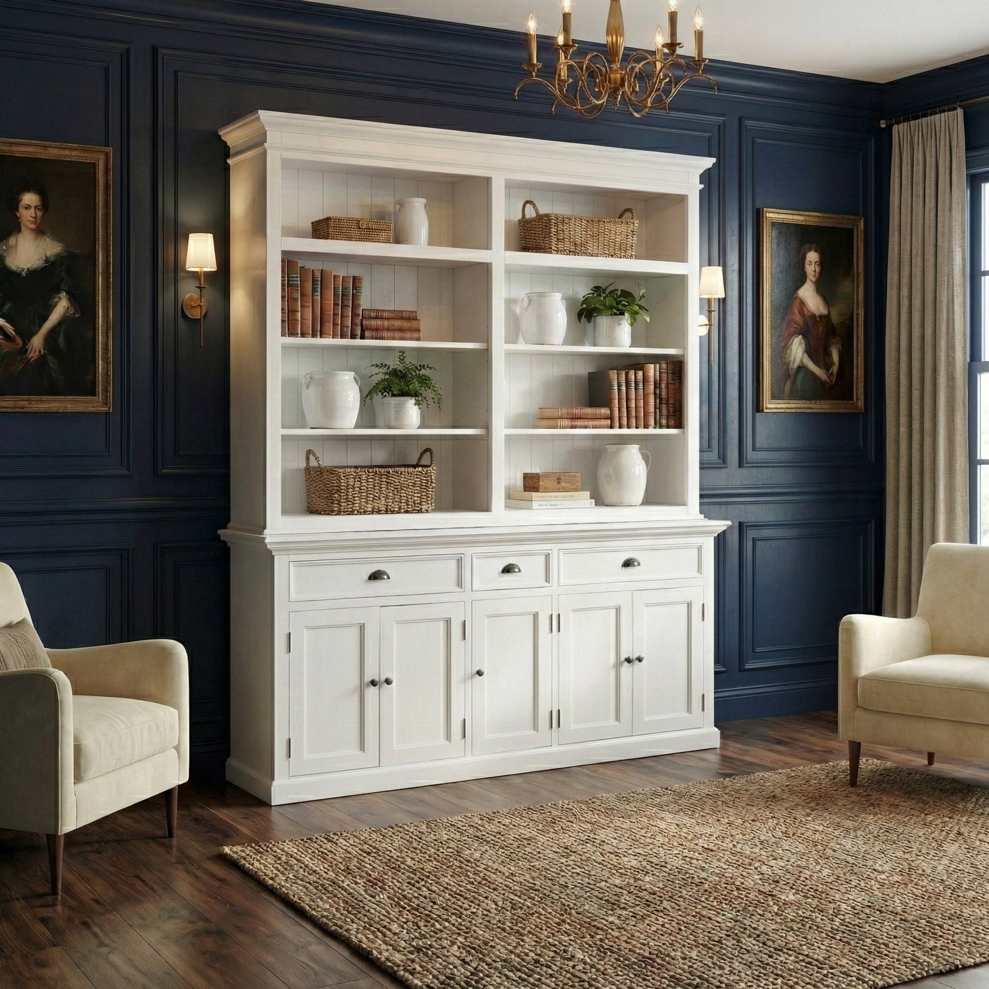 Nova Solo lifestyle image - French Coastal Hutch Bookcase 5 Doors 3 Drawers 71" - ZNS-BCA606
