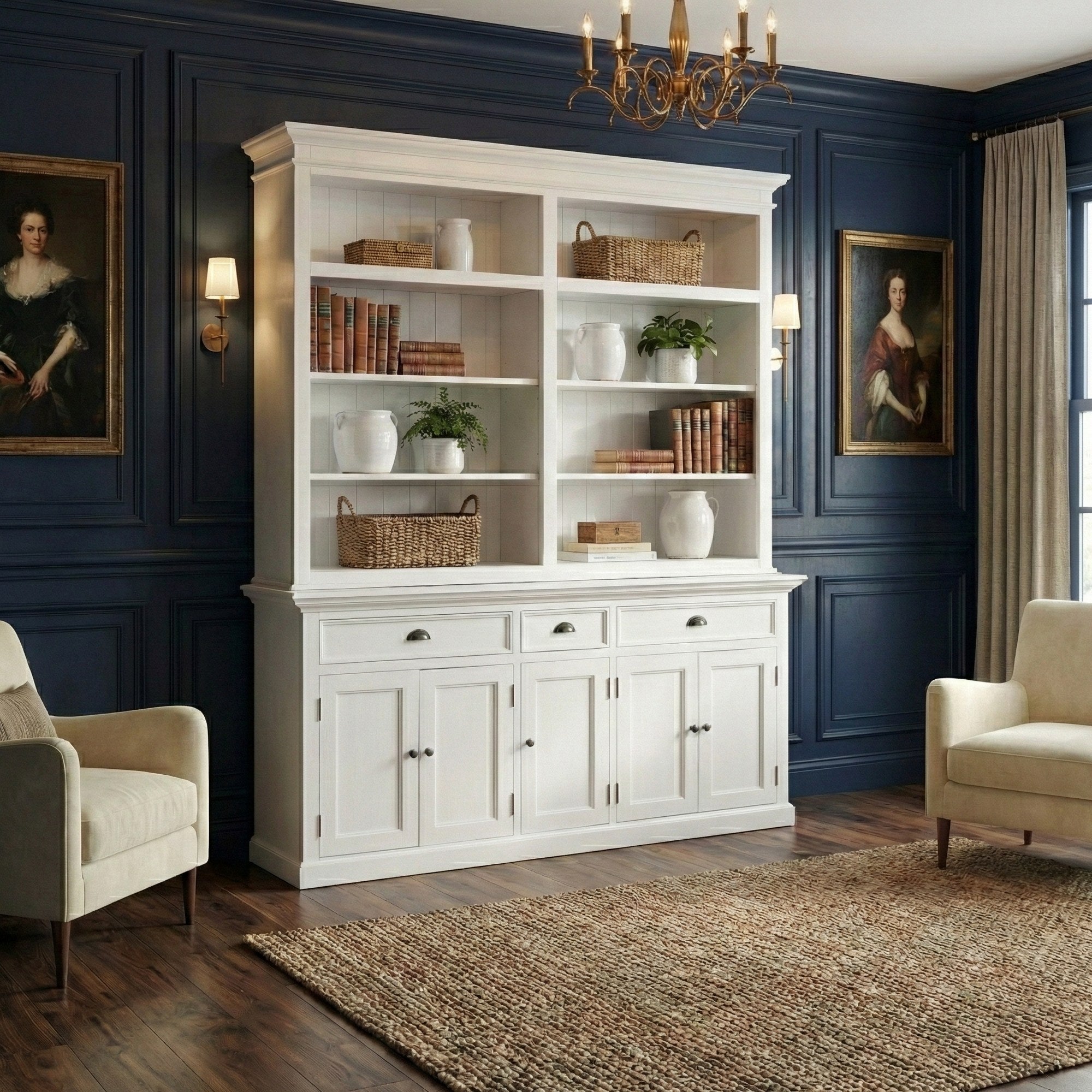 Nova Solo lifestyle image - French Coastal Hutch Bookcase 5 Doors 3 Drawers 71" - ZNS-BCA606
