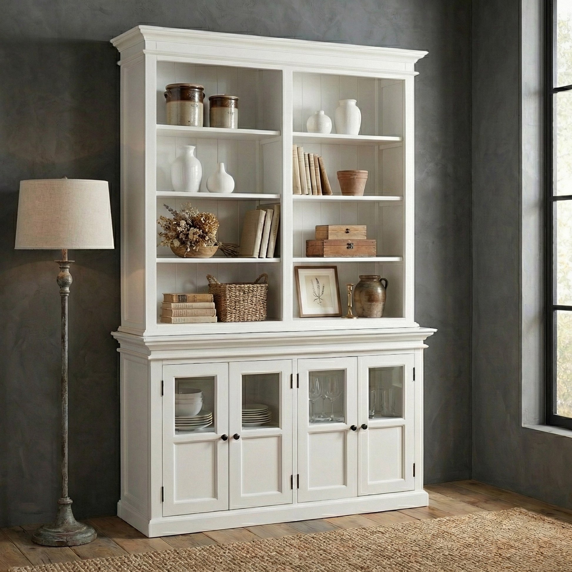 Nova Solo lifestyle image - French Coastal Hutch Unit with 4 Glass Doors 57" - ZNS-BCA612