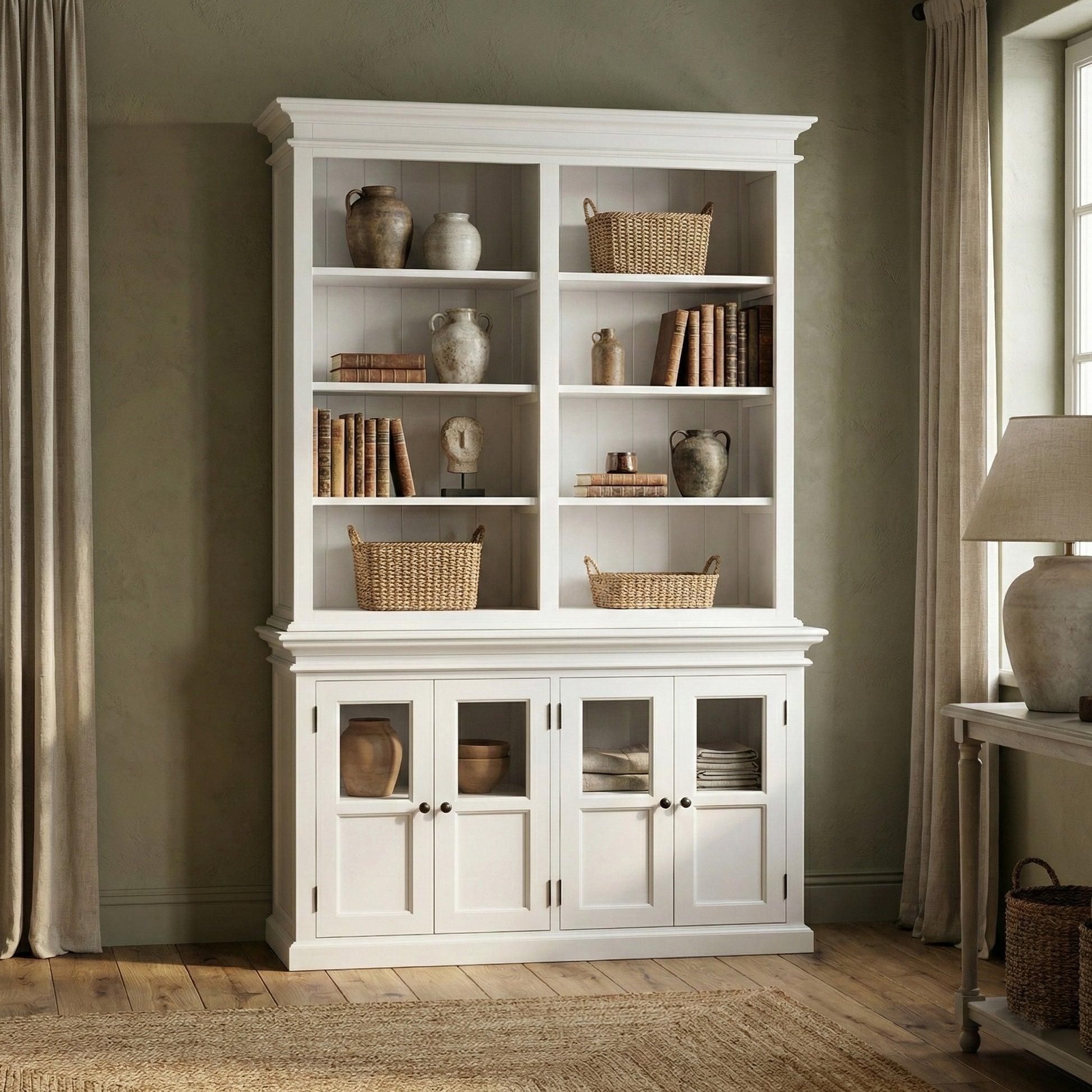 Nova Solo lifestyle image - French Coastal Hutch Unit with 4 Glass Doors 57" - ZNS-BCA612