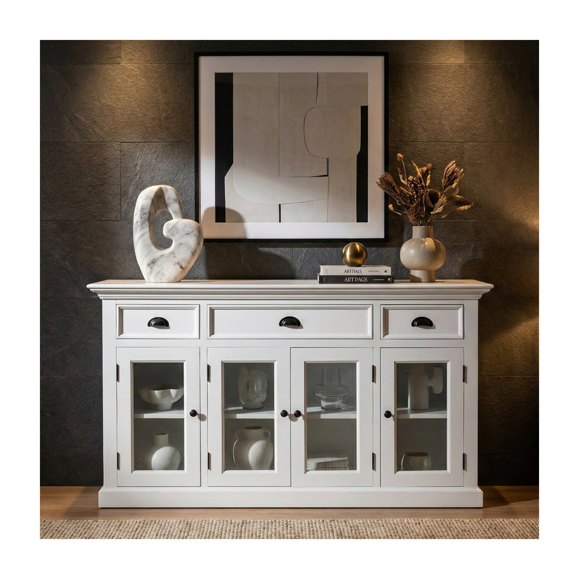 Nova Solo lifestyle image - French Coastal Buffet with 4 Glass Doors 3 Drawers  57" - ZNS-BG192