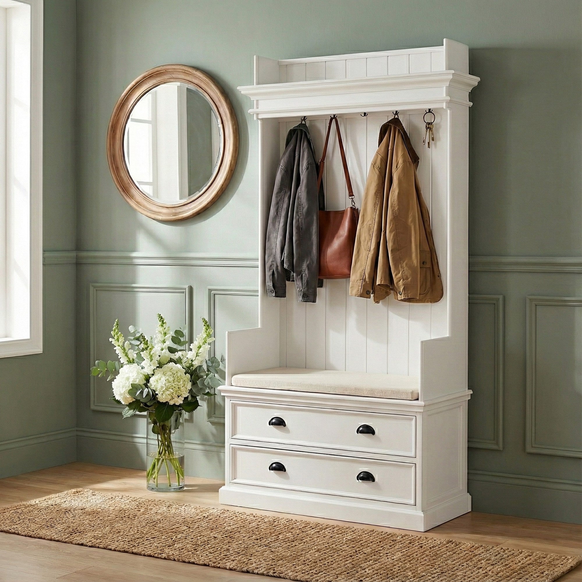 Nova Solo lifestyle image - French Coastal Entryway Coat Rack & Bench Unit - ZNS-CA581 - ZNS-CA581