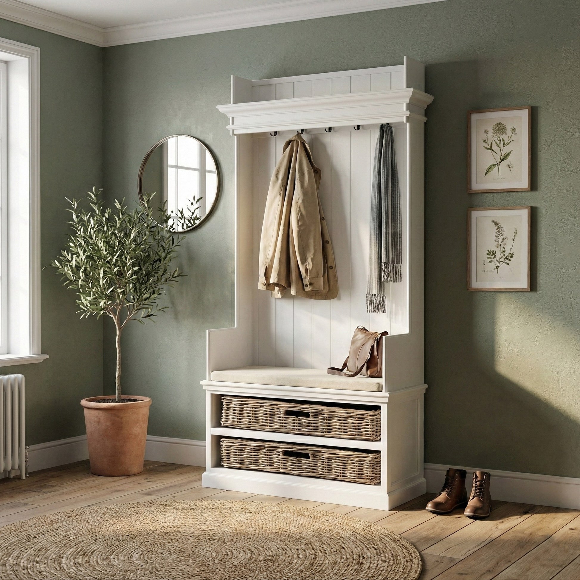 Nova Solo lifestyle image - French Coastal Entryway Coat Rack & Bench Unit - ZNS-CA593 - ZNS-CA593